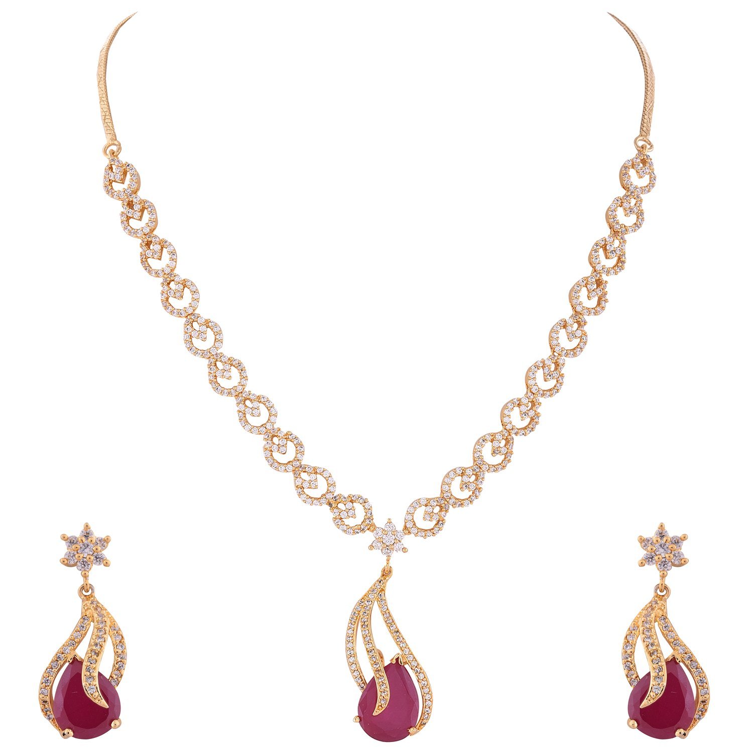 Red American Diamond Traditional Ruby Necklace Pendant Set with Earring for Women