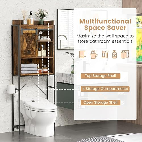 Miniatura 6 de Giantex Armario de almacenamiento sobre el inodoro, estante organizador de baño independiente de 4 niveles con estante ajustable, puerta corrediza