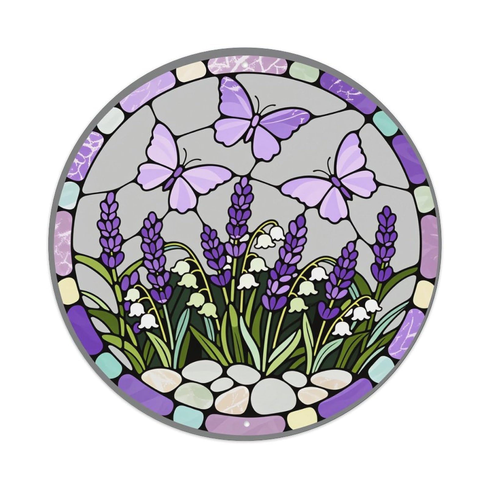 Butterfly Lavender Garden Stained Glass Pattern Round Tin Sign Vintage Metal Poster Retro Bar, Home, Man Cave, Kitchen, Laundry Room Wall Art Decor Gift 8x8Inch