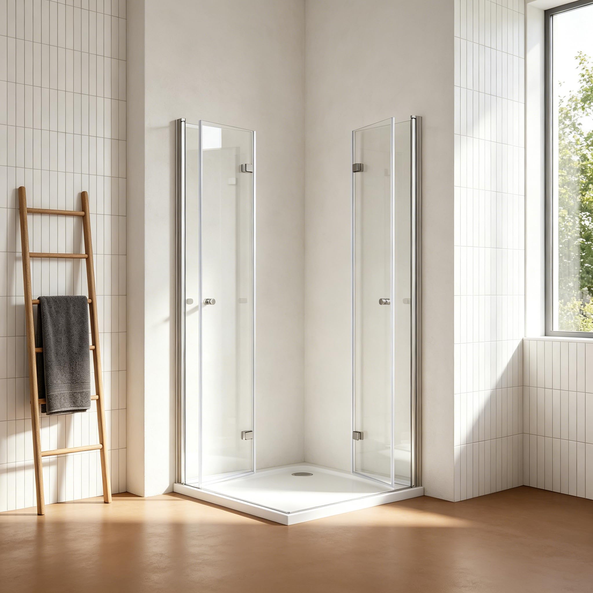 Duschkabine Falttür 90x90 cm Eckeinstieg, 185cm Höhe, mit doppelten faltbaren Duschtüren aus 6 mm ESG-Glas für Dusche, 180º Duschabtrennung Faltbar, ohne Duschtasse