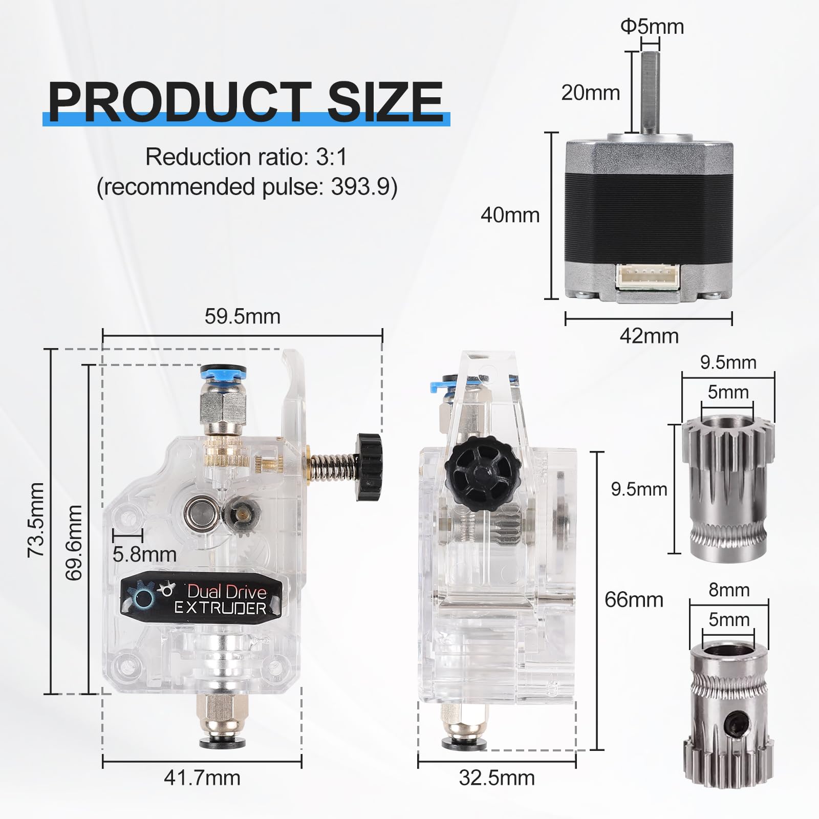 EFUTURETIME Kit Estrusore Bowden a Doppia Trasmissione Trasparente con Motore Passo-Passo Nema 17 2 Fasi 4 Fili 1,8 Gradi per Stampante 3D Anycubic Tevo Tornado Cr10, per 1,75 mm Pla Abs Tpu Petg