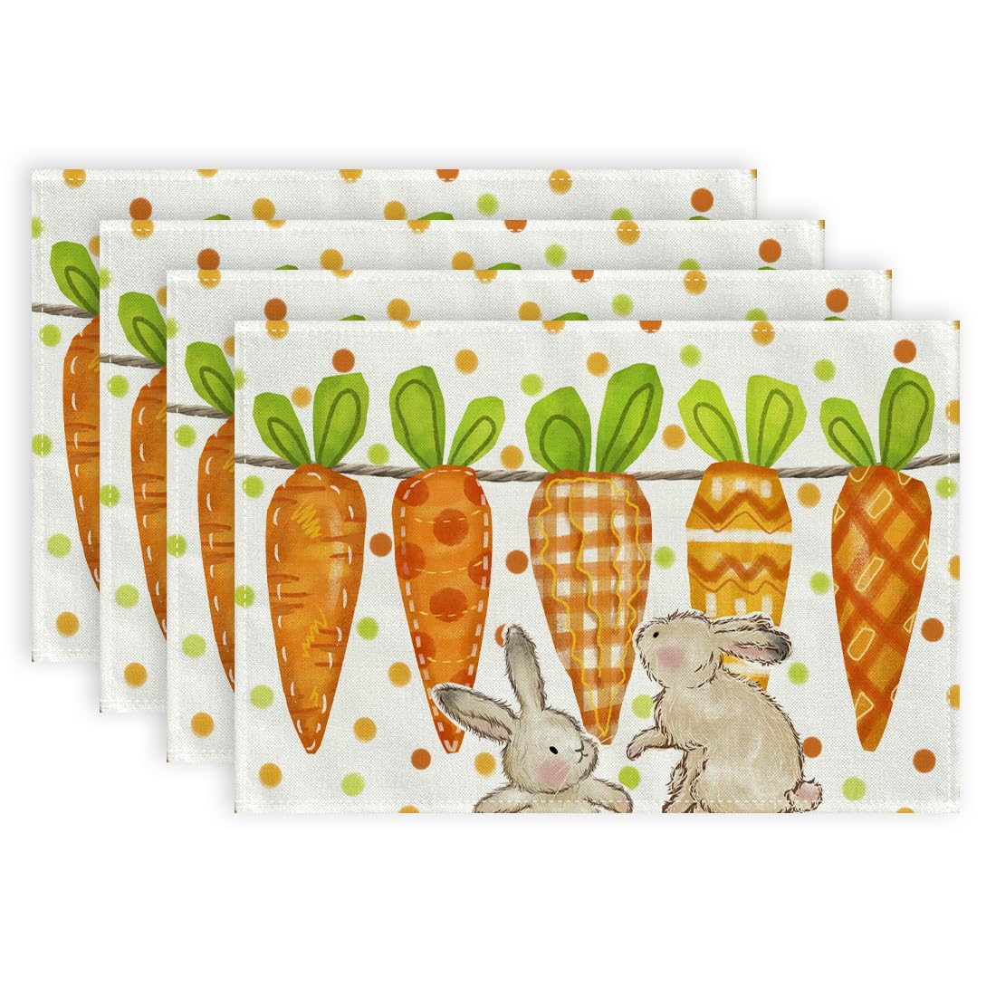 Manteles individuales de Pascua de 18 x 12 pulgadas, juego de 4, decoración de mesa de zanahoria de conejo, lunares de arpillera de primavera, granja, interiores y exteriores, para fiestas en