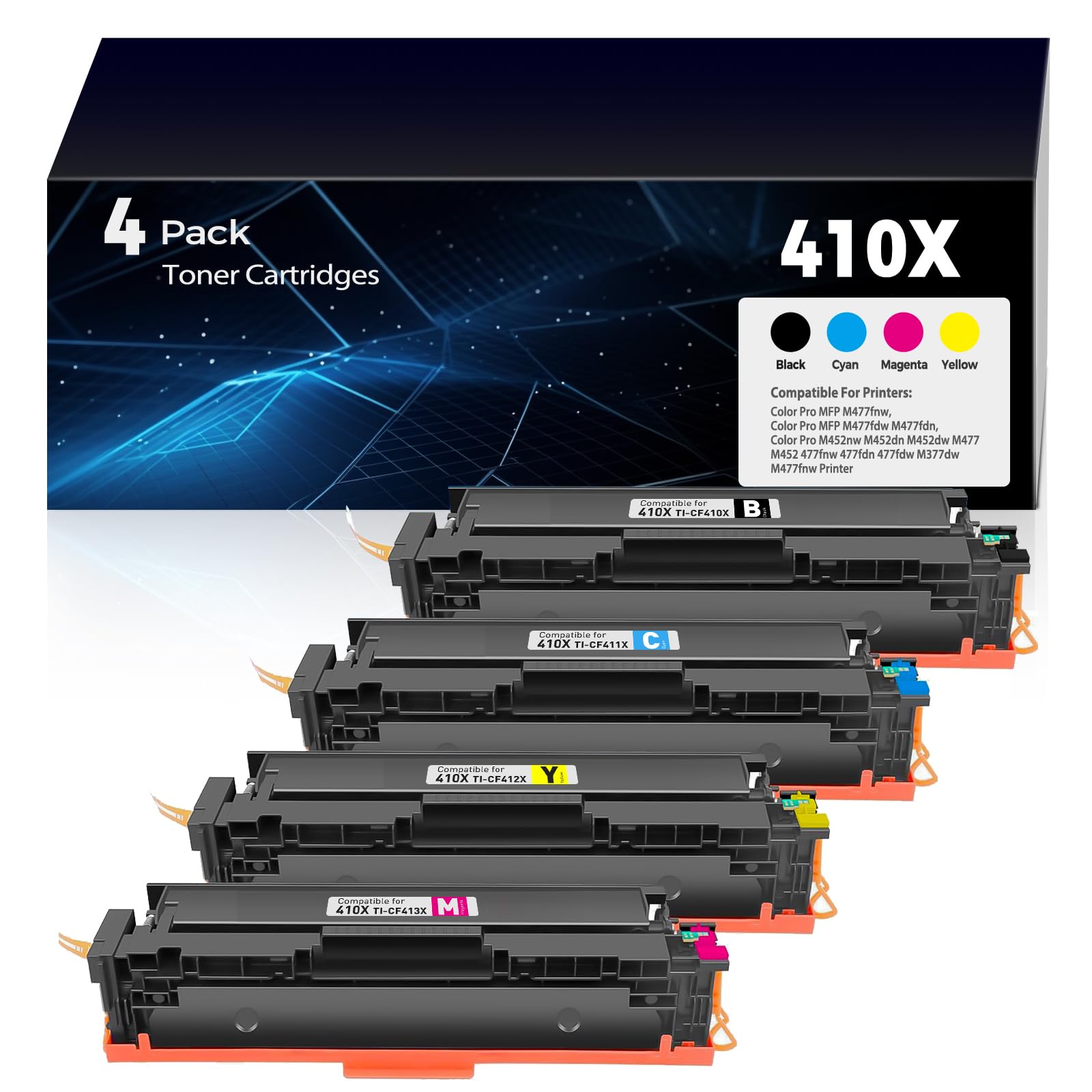 410X Toner Cartridges Replacement Pro MFP M377 M452 M477 for HP 410X 410A Toner Works for Pro MFP Pro MFP M452nw M452dn M452dw M377dw M477fnw Pro MFP M477fdw M477fdn Printer(1BK+1C+1M+1Y)