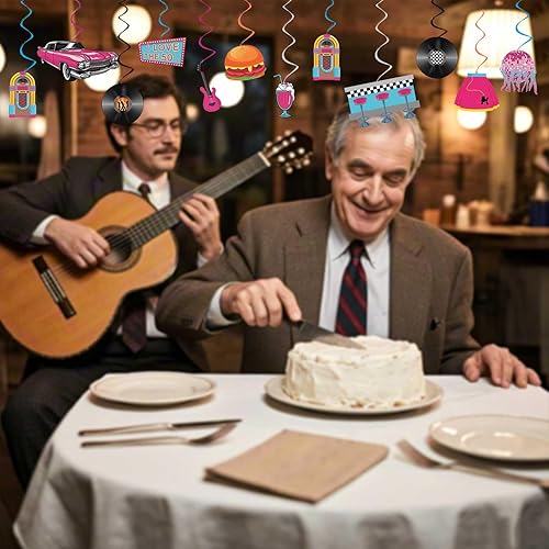 Miniatura 7 de Decoraciones para fiestas de los años 50, retro de los años 50, remolinos colgantes de música rock and roll, ensamblados y listos para usar,