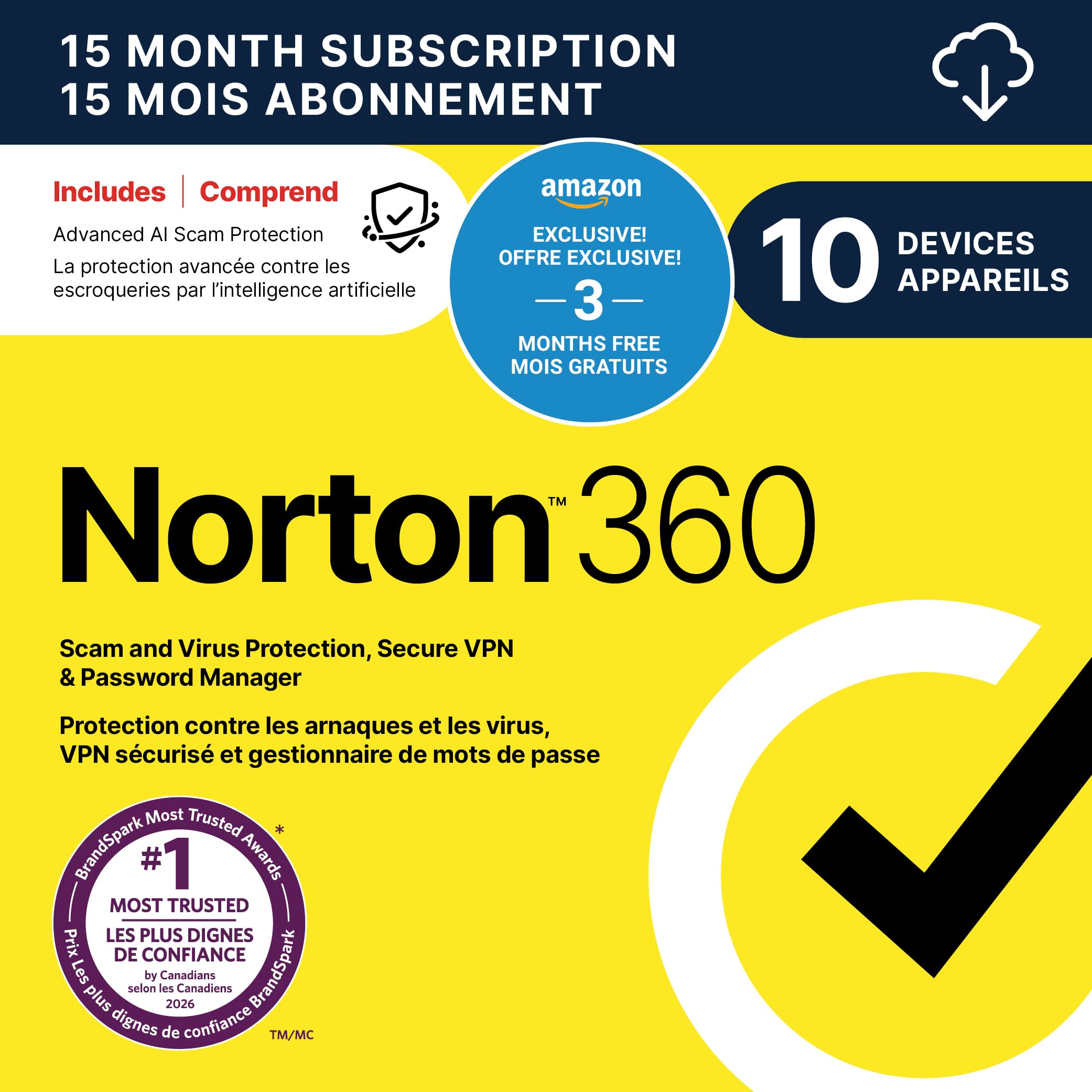 Norton 360 2026  Antivirus software for 10 Devices  15-Month Subscription – Includes Advanced AI Scam Protection  VPN and PC Cloud Backup [Download]