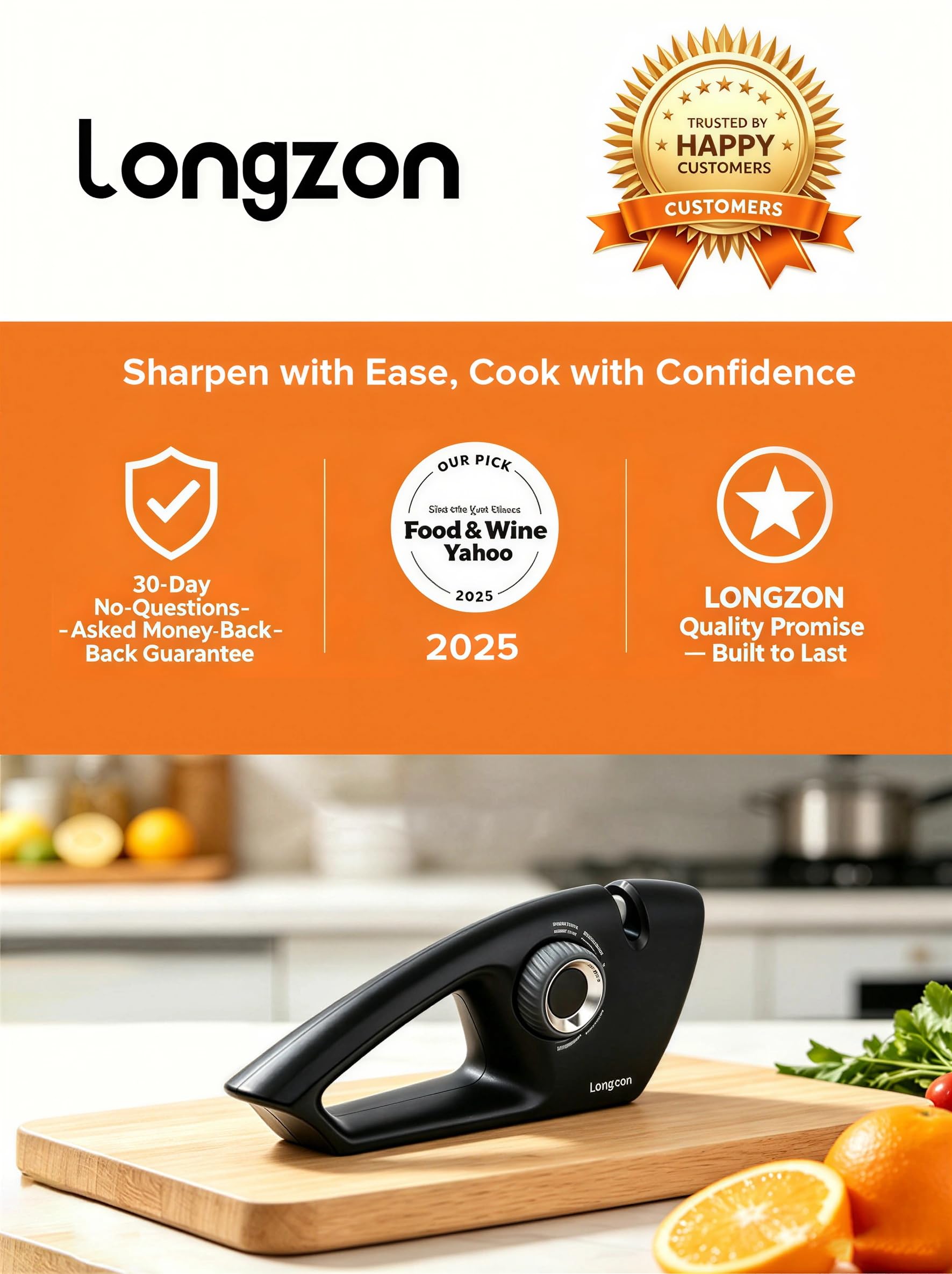 Longzon Afilador de Cuchillos Profesional 5 en 1 - Manual para Cocina, Knife Sharpener