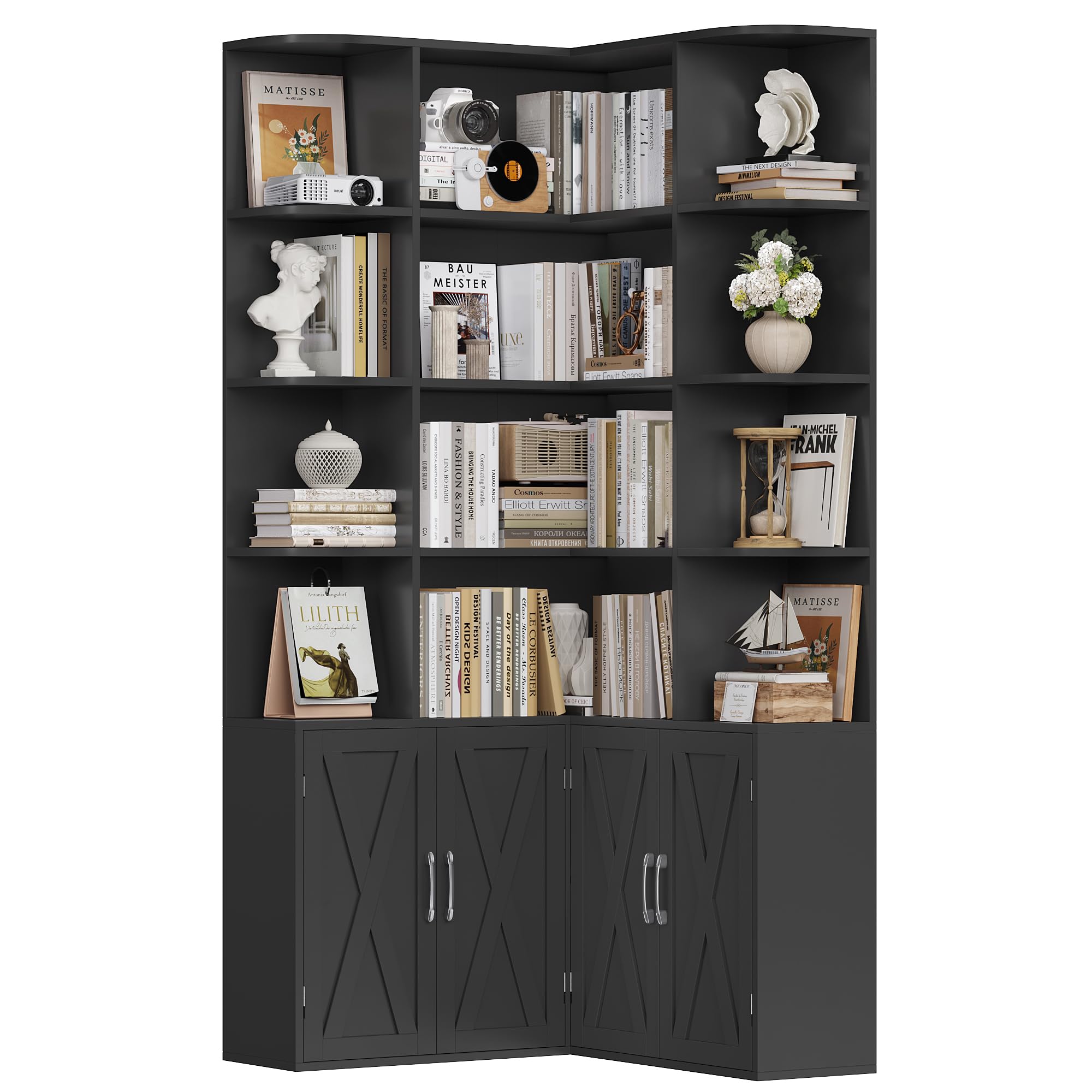 FirFurd 187cm Estantería Esquina, 4 Puertas 12 Compartimientos Negro | Estantería Libros de 5 Niveles alta Estantería Esquina, Grande Mueble Almacenaje para Salón, Oficina, Estudio 187Al.x80x80cm
