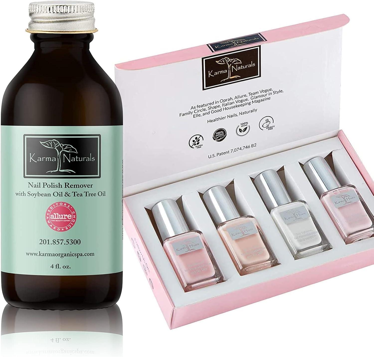 Karma Organic Nail Polish & Nail Polish Remover Bundle - Tea Tree Oil Based Formula Nail Polish Remover (4FLOz) Beautiful Natural Nail Polish Bridal Set (Pack of 4)