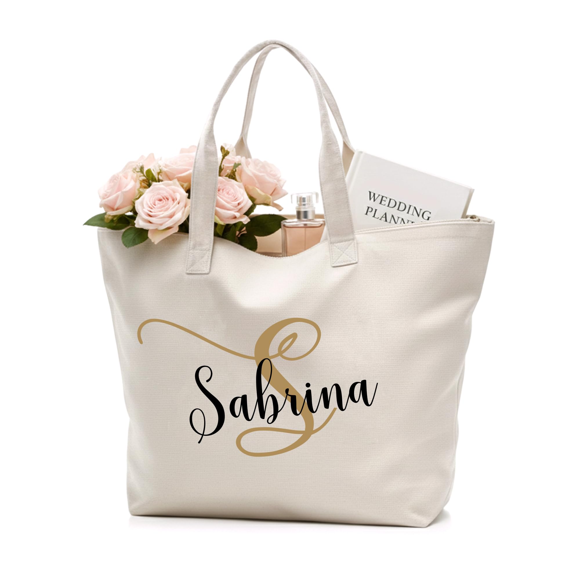 CARAKNOTS Personalized Canvas Cotton Tote Bag with Zipper Custom Wedding Bridesmaid Gifts Monogrammed Initial Bag for Women Teacher