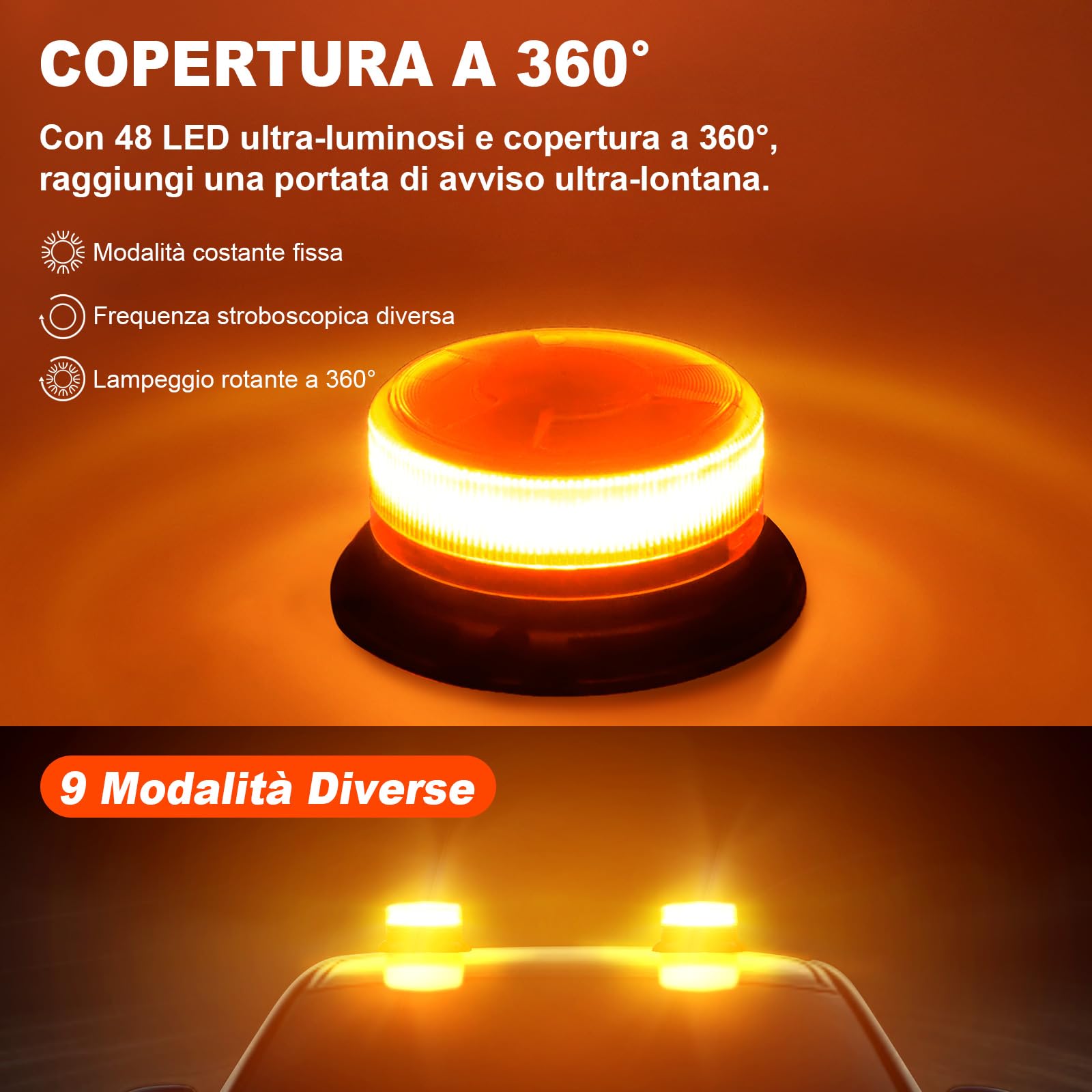 AnTom 2 pezzi Lampeggiante LED - 9 Modalità di Lampeggiamento, Lampeggiante Arancione LED con Magneti per Auto e Cavo USB per Camion, Trattori, SUV, Golf Car, Veicoli di Emergenza e Cantieri
