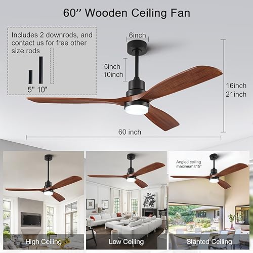 Miniatura 10 de Ventiladores de techo negros de 42 pulgadas con luces y control remoto, ventilador de techo de madera con luz, luz LED regulable, 3 aspas de nogal y