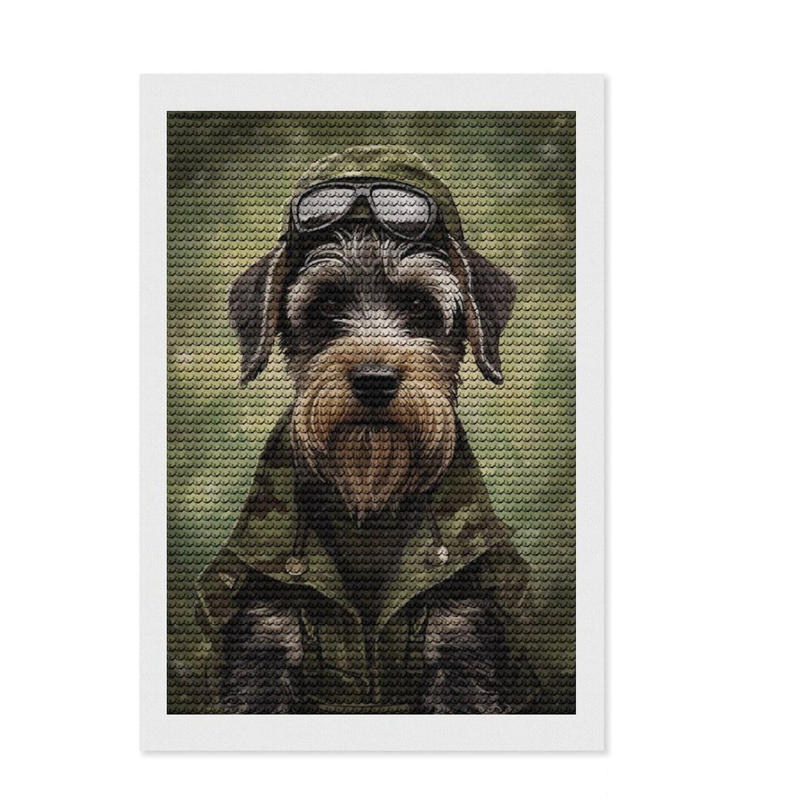 Junmoney Schnauzer Camo Jacket Diamond Art Kit 8"x12", Sparkling Crystal Beads, Home Decoration, with Tool Kit, Fun Craft Activity, DIY