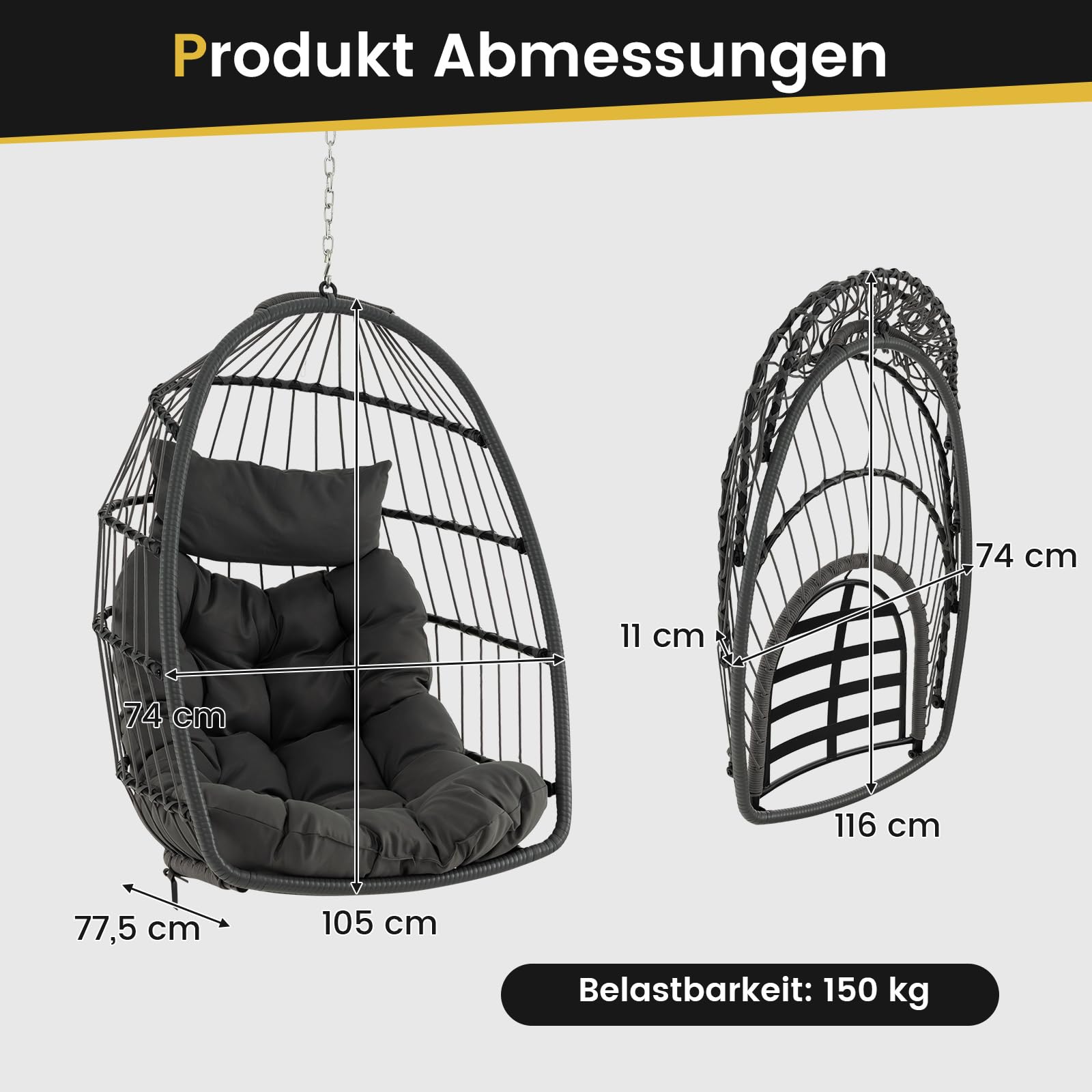 COSTWAY Hängesessel, Faltbarer Hängekorb Sessel aus PE-Rattan mit weichem Kissen, Hängeschaukel, Hängesitz mit Hängezubehör, Hängestuhl für Indoor und Outdoor, Grau