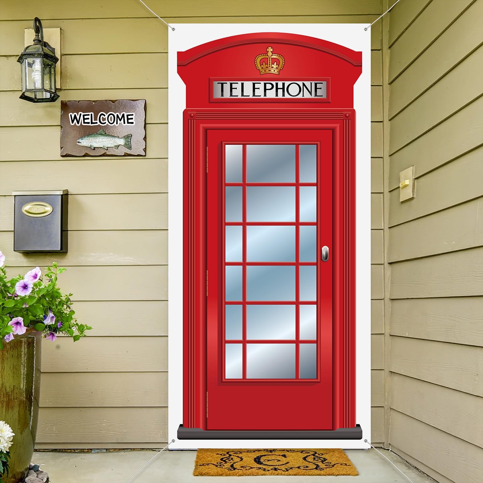 Blulu English Phone Booth Door Cover, Large Fabric Red Telephone Box Door Cover Home Jointed Phone Box Decor Banner for Photo Backdrop British International Themed Party Favors, 78.7 x 35.4 Inch