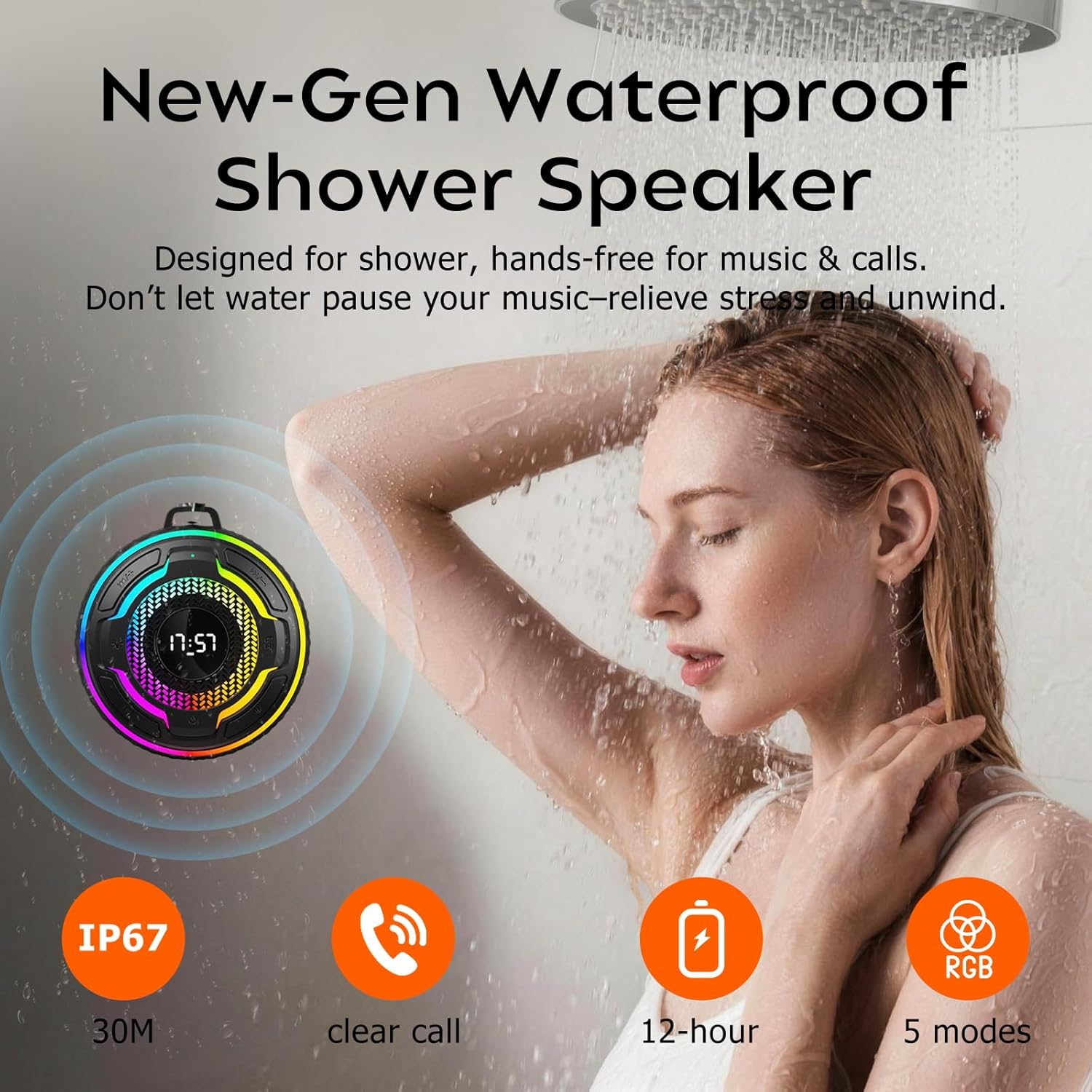 Kinglucky Shower Speaker, Upgraded 10W IPX7 Waterproof Bluetooth Speaker with Mic/LED Light, Portable Small Speaker with Magnetic Attraction/Hook/Lanyard,12H Playtime for Bathroom/Outdoor/Beach - Image 2