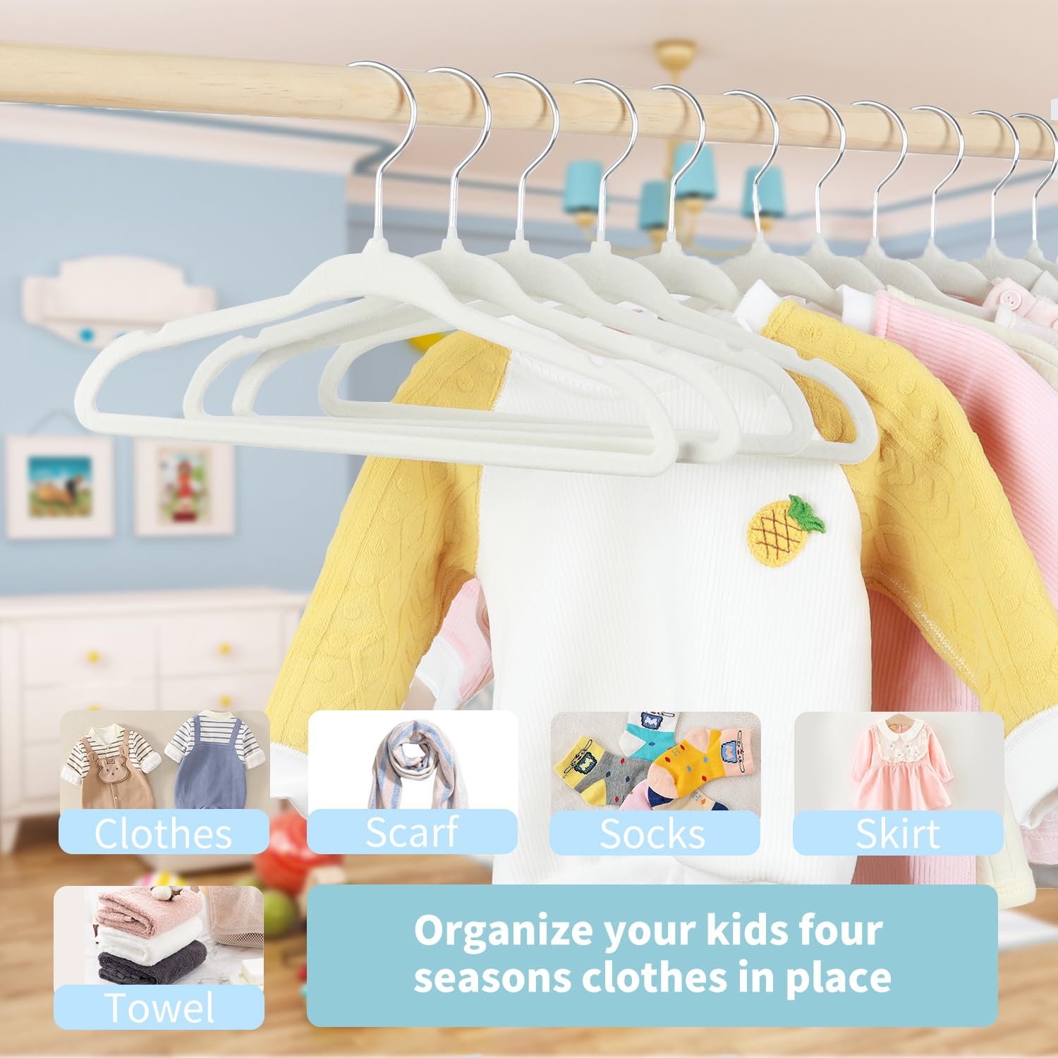 LEMEGA Lot de 30 cintres en Velours pour bébé, avec Design cranté, pour Ultra Fins, Peu encombrants,Crochets pivotants à 360 degrés, cintres antidérapants et durables pour Enfants en Bas âge (Blanc)