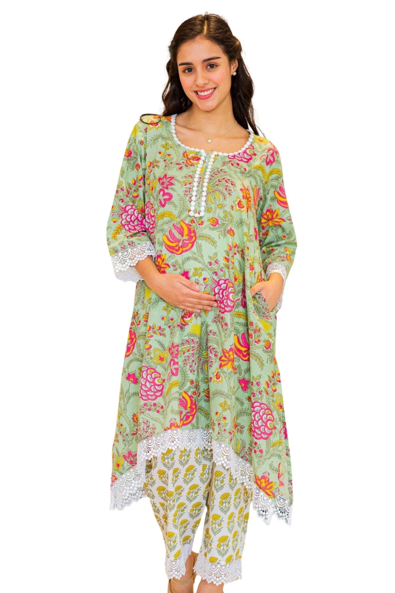 Peaceful Daffodil Apple Green Maternity & Nursing Kurta with Bottom | 100% Cotton | 2 Pc-image-26