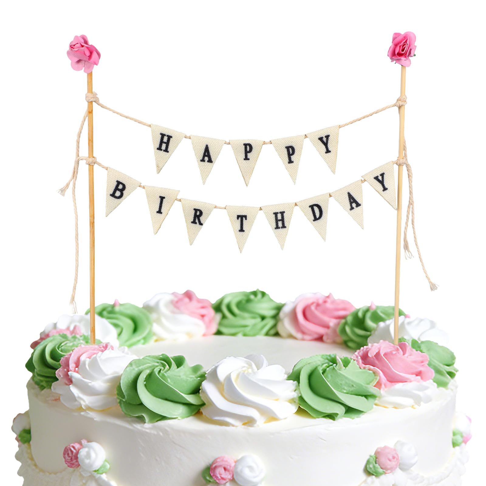 Happy Birthday Cake Bunting Topper Garland, Handmade Birthday Cake Pennant Banner Flags with Wooden Pole & Pink Flower Party Decoration Supplies โ image 1