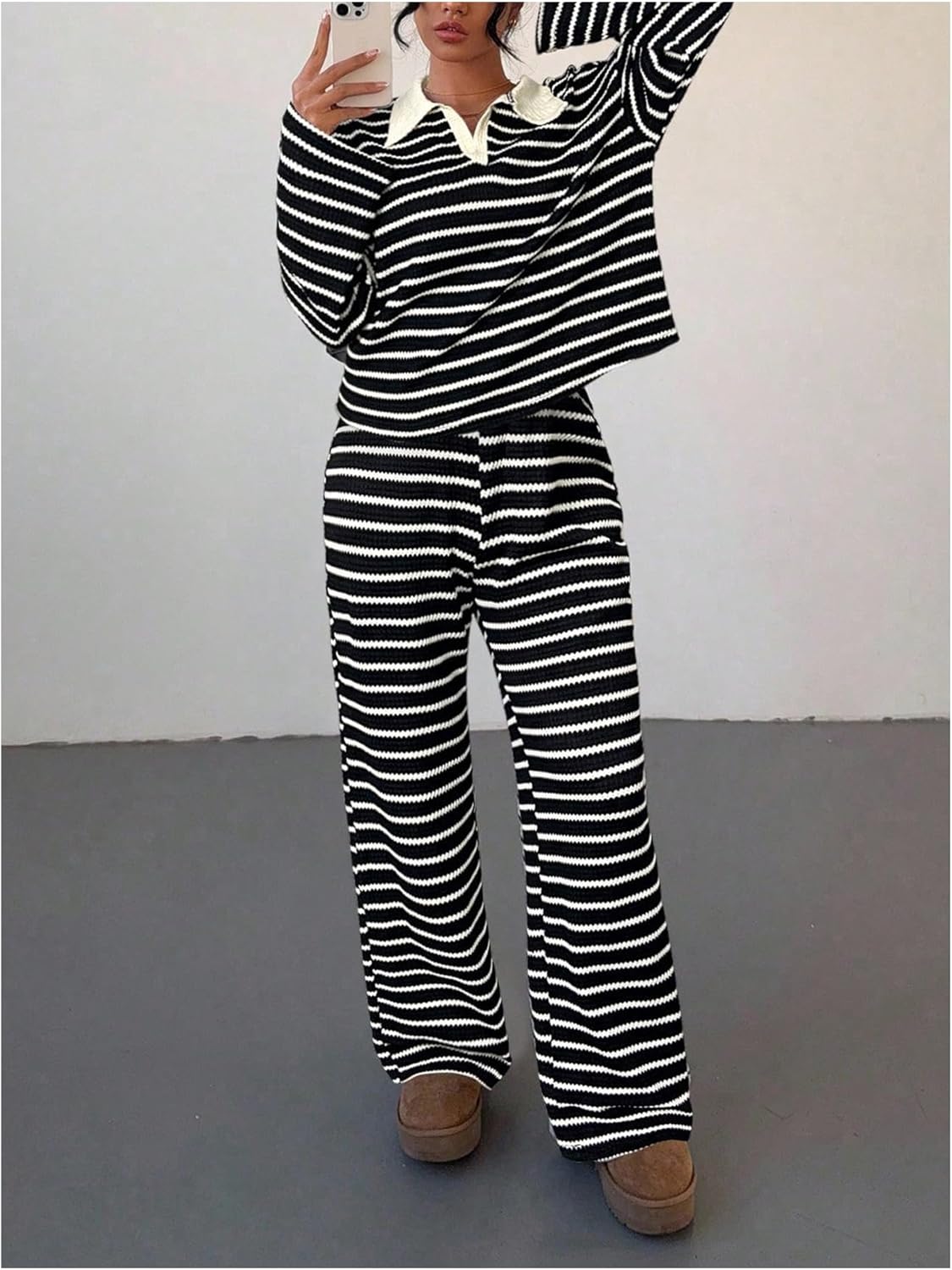 MakeMeChic Striped Lounge Set 2 Piece Sweater Sets for Women Going Out Travel Outfit - Image 4