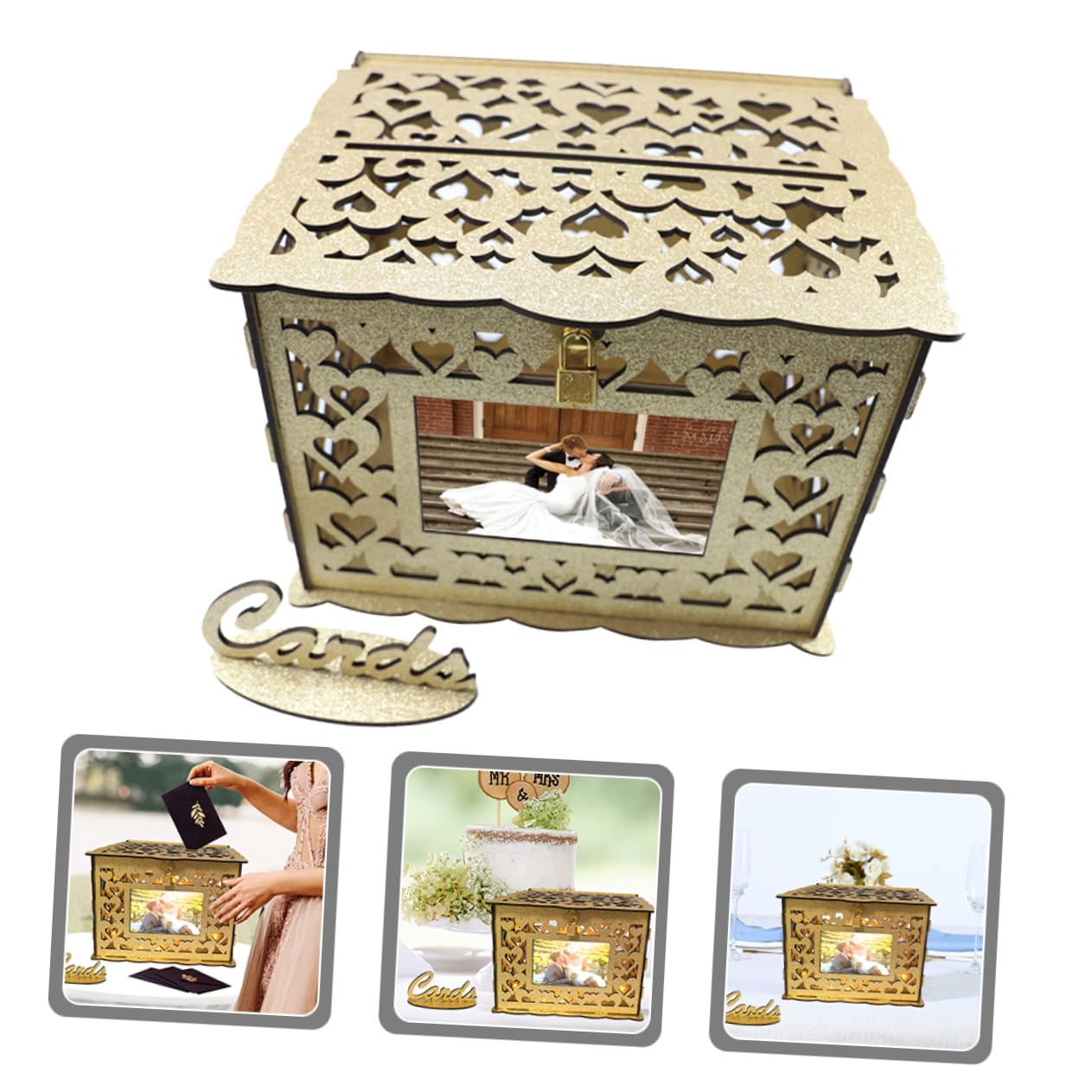 Scatola per Biglietti di Nozze in Legno Design Traforato Contenitore per Biglietti Portatile Scatola Regalo Quadrata di Auguri e Ricordi