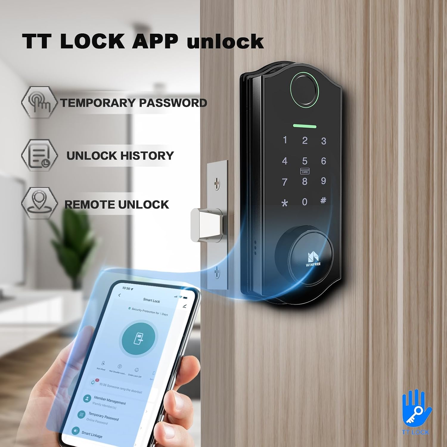 WINFREE HC-M1 Smart Lock showing passcode entry on the keypad.