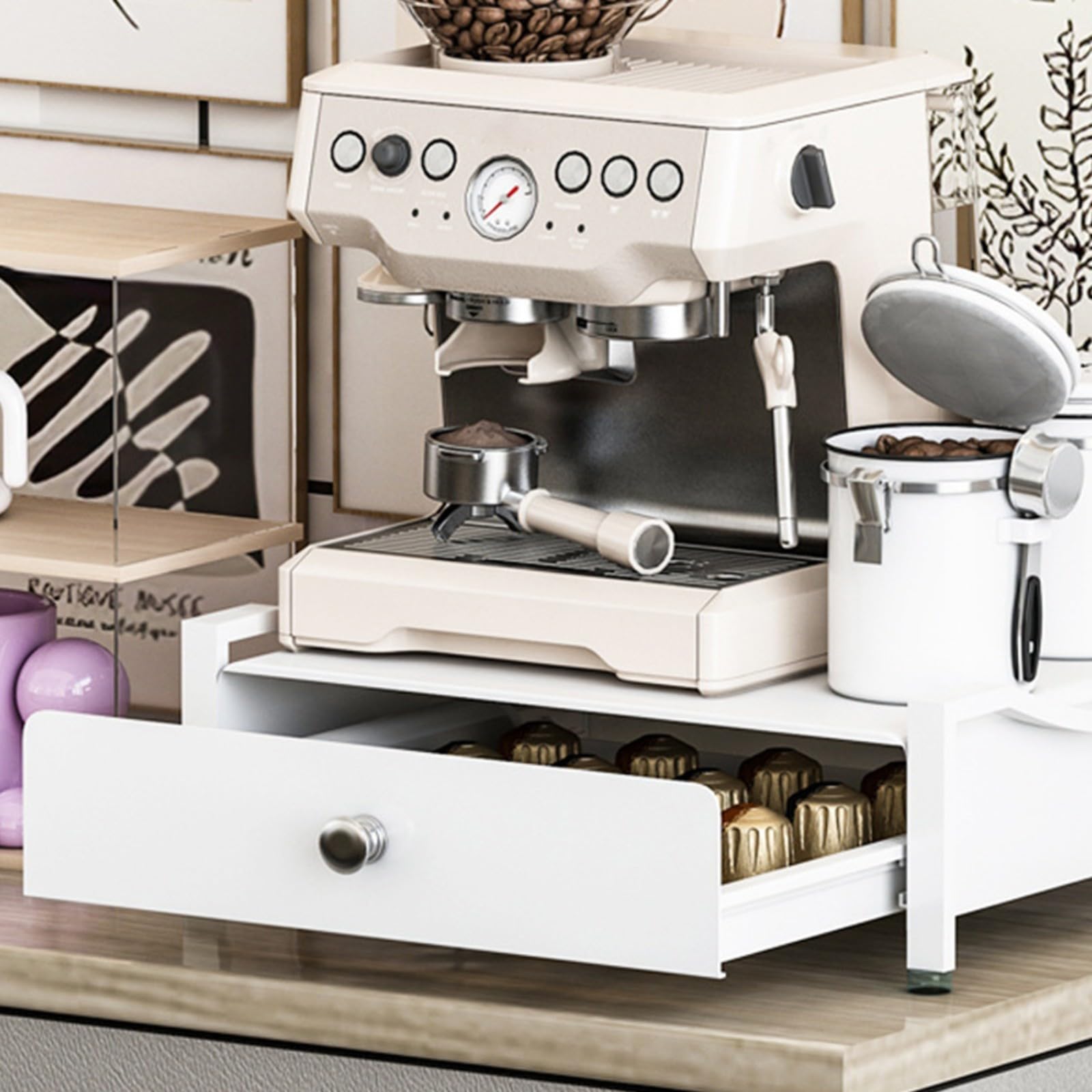 Soporte resistente para máquina de café de acero al carbono con cajón deslizante para almacenamiento de cápsulas y accesorios, organizador de cocina (S)