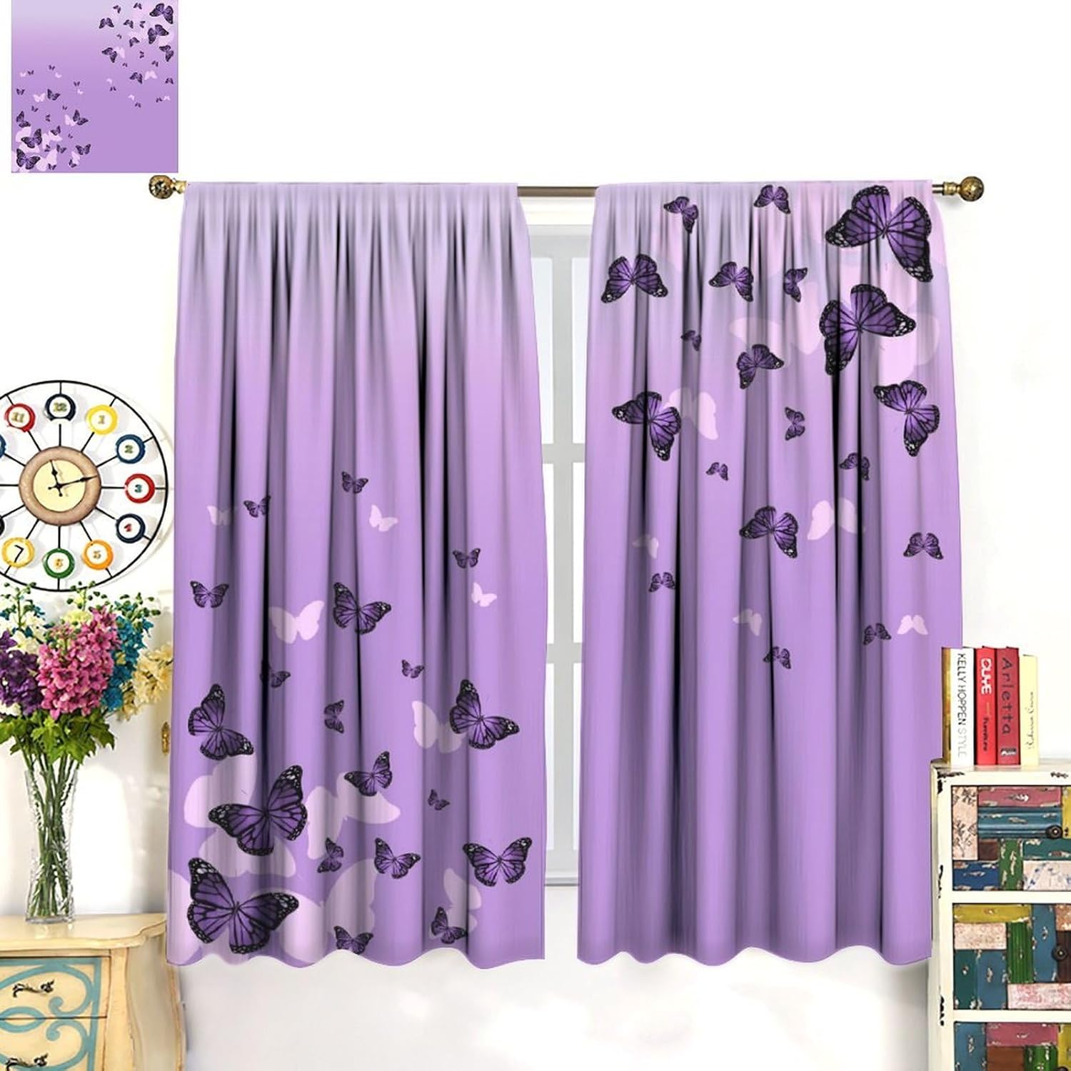 JESTRONRY Purple Butterfly Curtains,Romantic Fantasy Butterflies Print Window Drapes for Living Room Bedroom Kitchen Bathroom Home Decor 42" W X 45" L (Blackout)