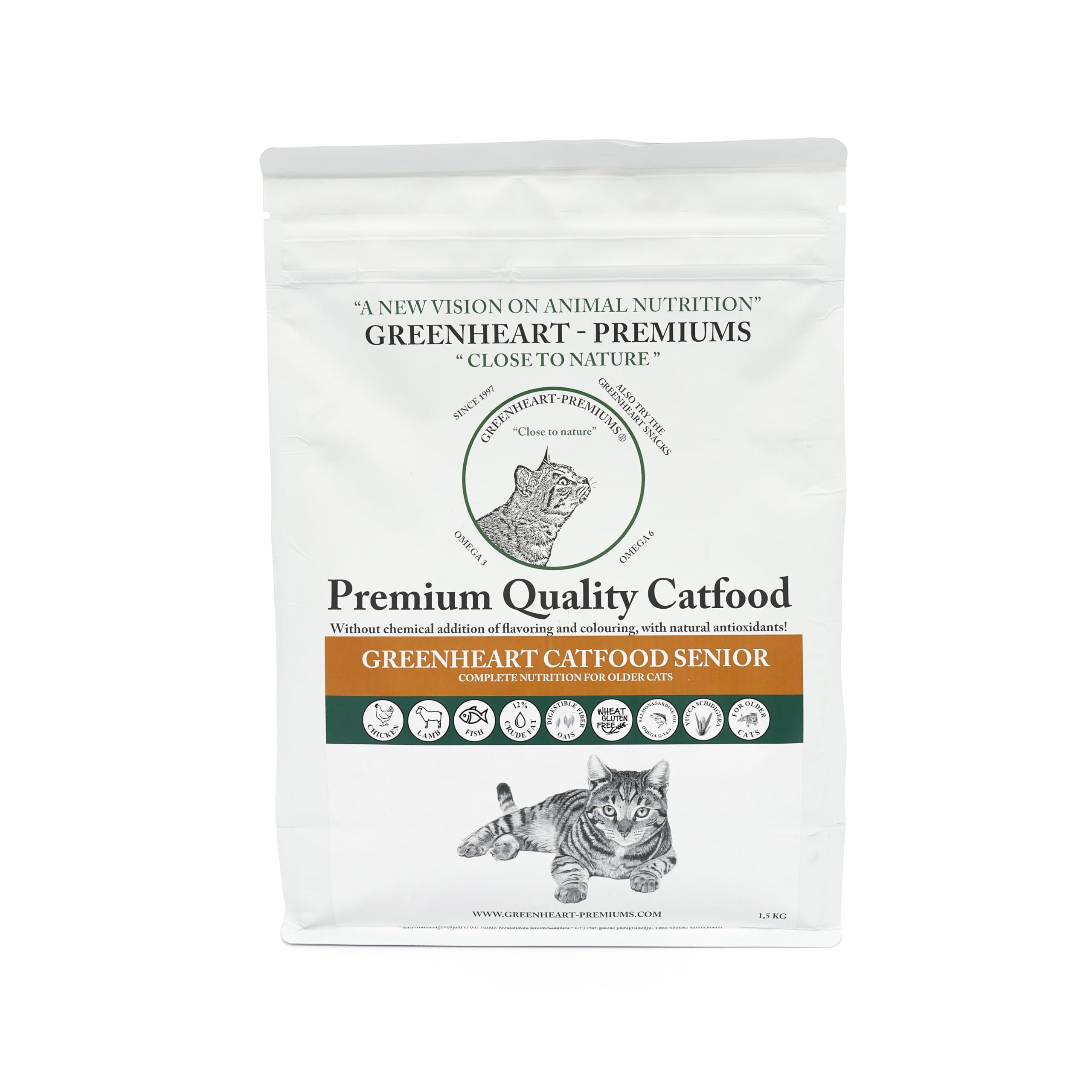 GREENHEART-PREMIUMS | Crocchette per gatti anziani | SENIOR CON PESCE E RISO | Senza Glutine | Prodotto Premium | 100% Ingredienti Naturali | Senza Coloranti Aromi e Antiossidanti Chimici (1,5 kg)