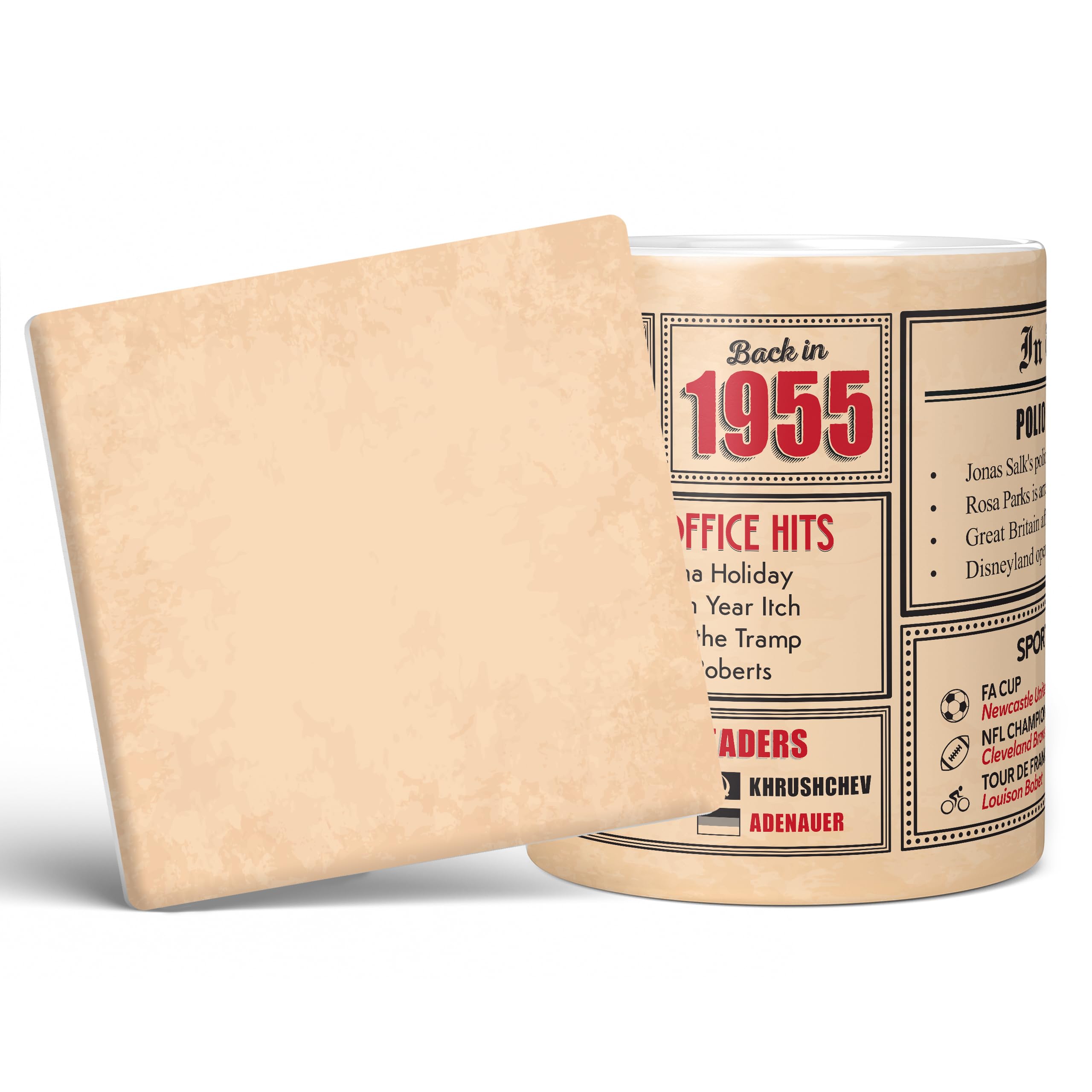 Mug Monster - 71st Birthday Gift - Back in 1955 in This Year Mug, Present for Men and Women, Birthday Gifts for Women, Birthday Gifts for Men, 71st Anniversary Present, 20oz White Mug & Coaster