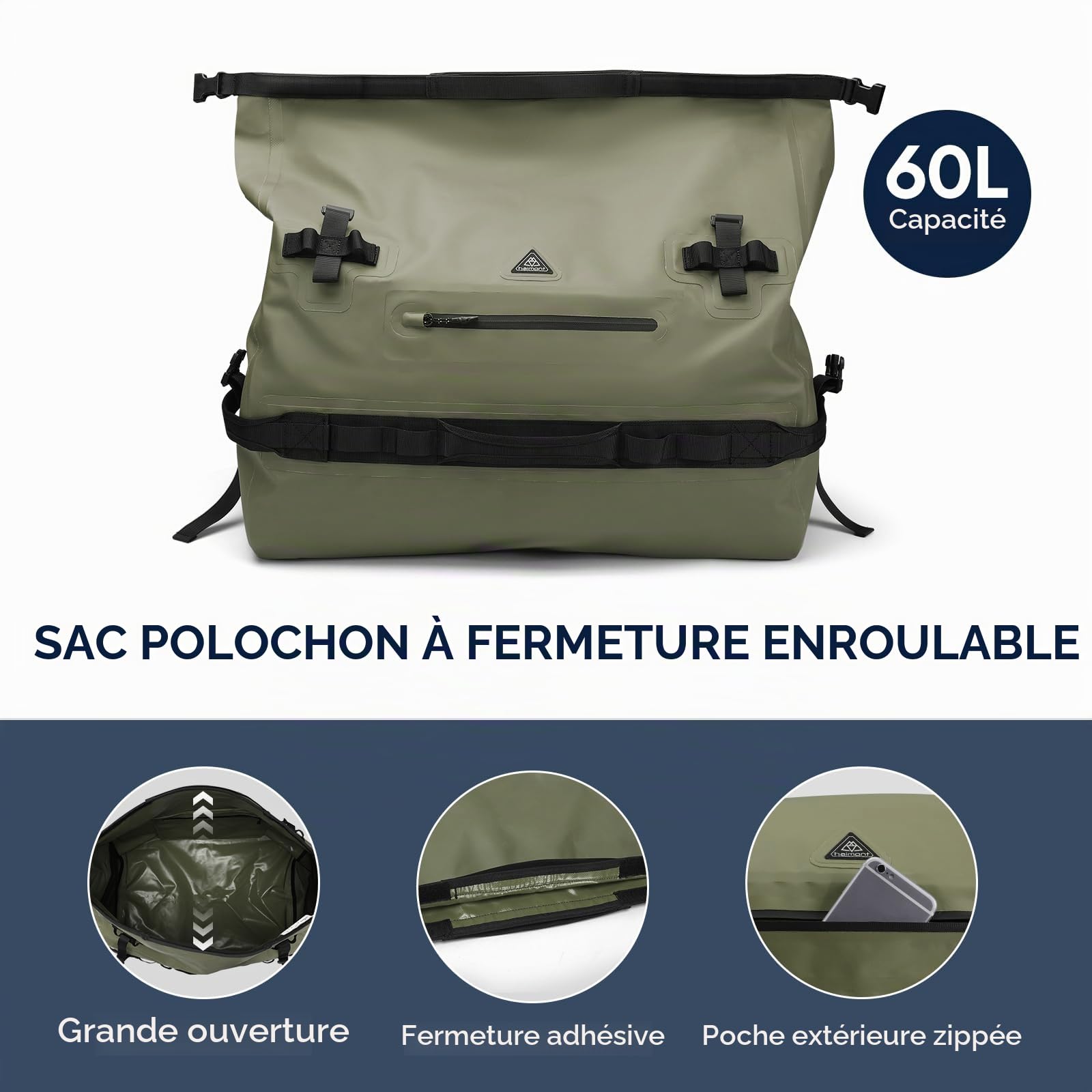Haimont Sac à dos étanche de 60L avec fermeture à rouleau - Sac de voyage robuste pour canoë, bateau, voyage, moto, kayak, camping, vert militaire, 60L