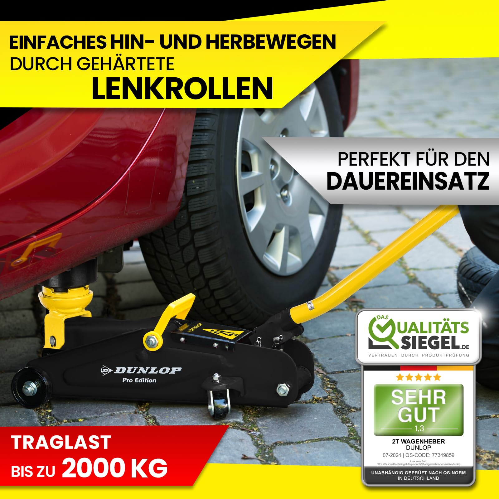 DUNLOP Wagenheber hydraulisch PRO Edition - Reifen wechseln in Bestzeit - 2t hydraulischer Rangierwagenheber für Auto PKW Kfz Reifenwechsel mit Transportbox und Gummiauflage - car Jack Set