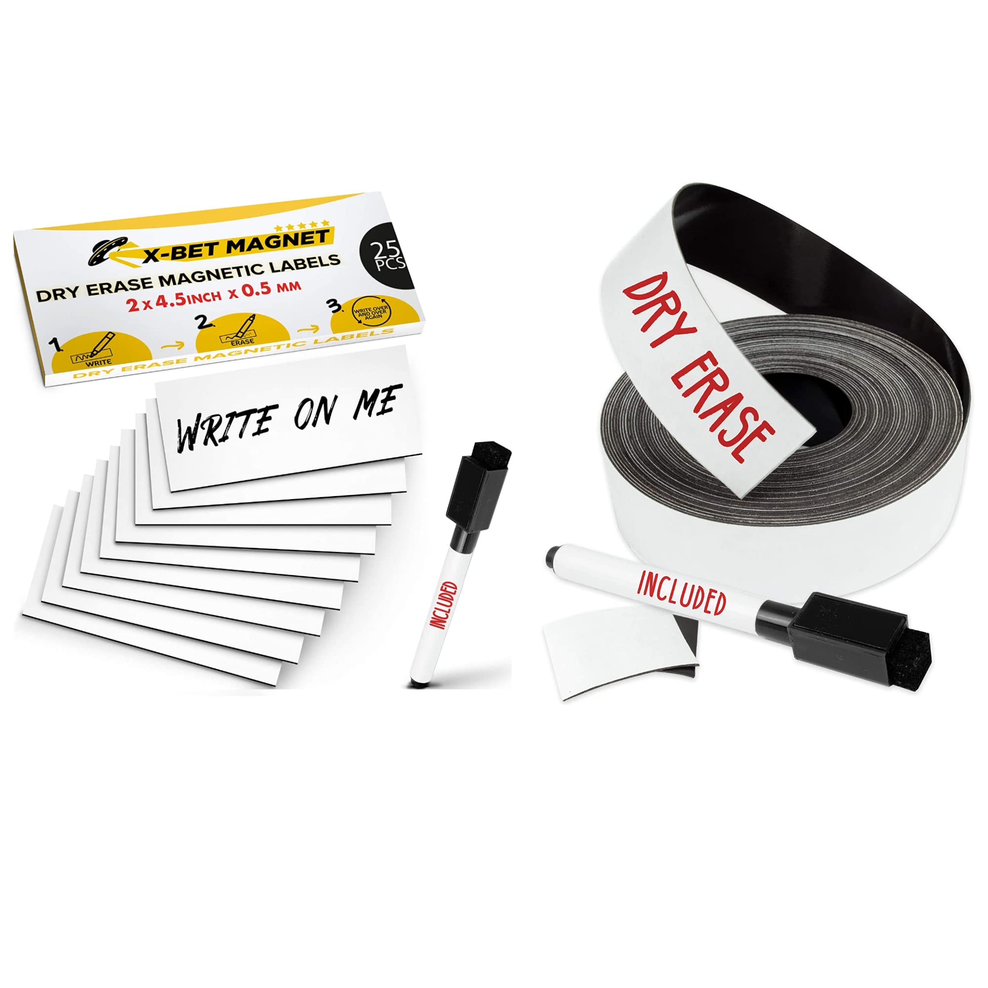 X-bet MAGNET Magnetic Labels & Tape Roll Bundle - 1 Inch x 25 Feet, 25 Count, White, Writable, Erasable, Strong Magnetic Strips
