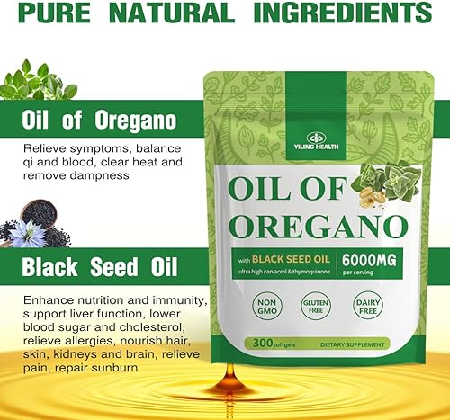 Miniatura 2 de Aceite de orégano de 6000 mg con 200 mg de aceite de semilla negra y 100 mg de equinácea, cápsulas de suplemento de orégano 3 en 1 para la salud