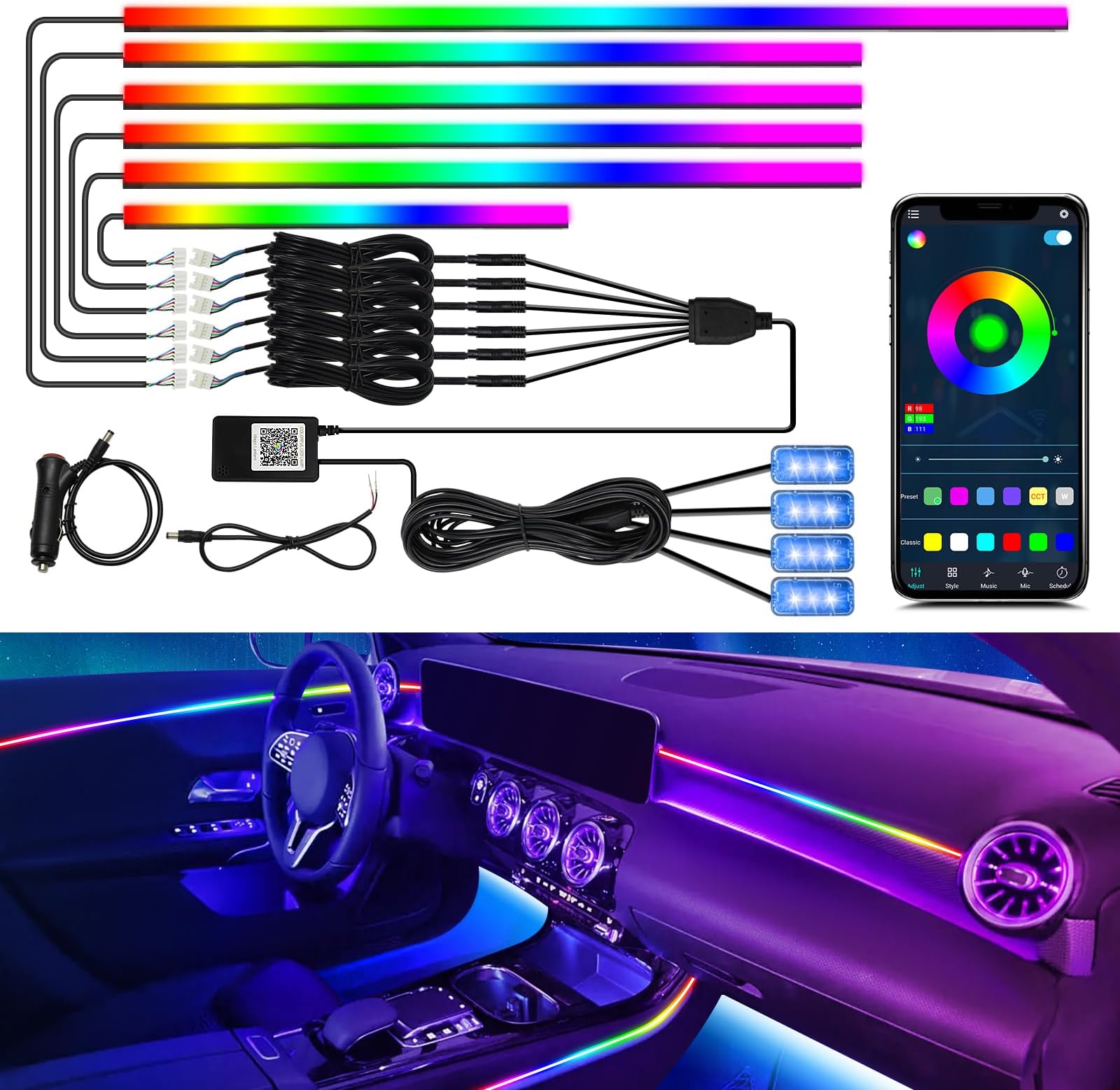 Dreamcolor Acrylic Interior Car Light 10 in 1 Automotive Ambient Light Kits with APP Control 16 Million Color 175 inches Fiber Optic Car LED Strip Light, RGB Music Sync Neon Light Kits