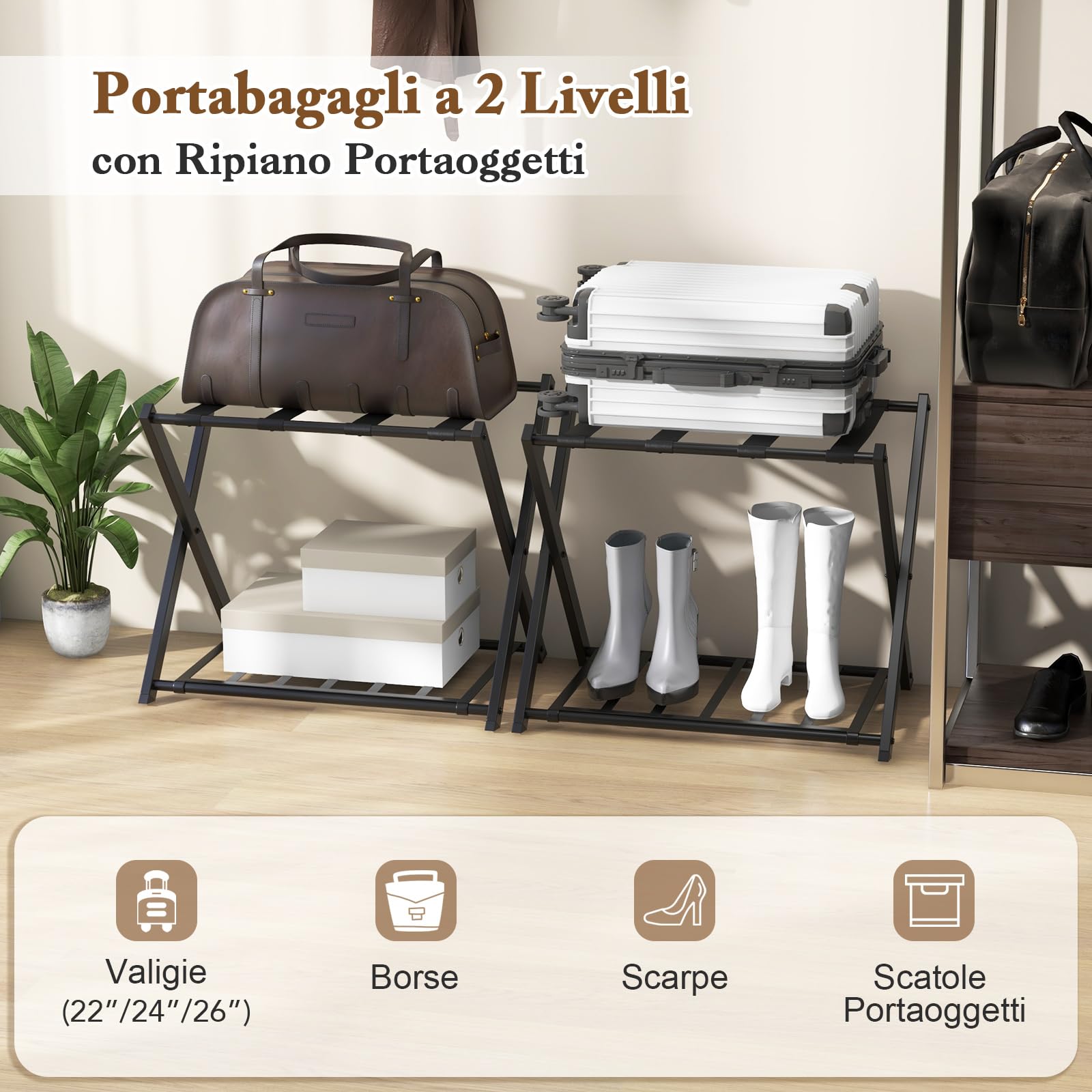 COSTWAY Portavaligie Pieghevole a 2 Ripiani in Metallo 68x43x56 cm Nero