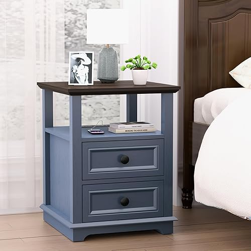 Miniatura 3 de Mesa auxiliar con estación de carga rápida USB C, mesa auxiliar de sofá de 18 pulgadas de ancho con 2 cajones, armario de almacenamiento cuadrado de