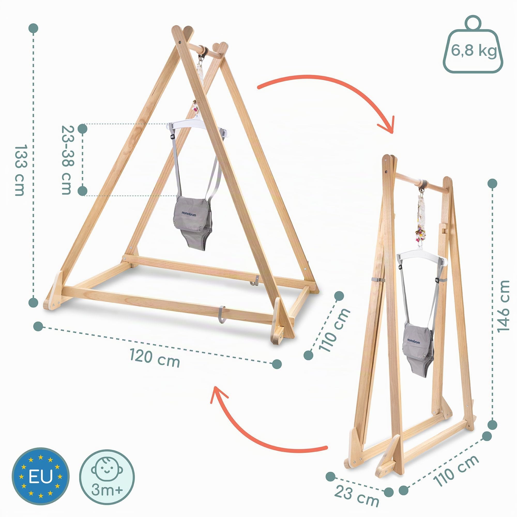 Mamabrum Sauteur Bébé en Bois avec Siège Réglable et Structure Pliable, Cadre en Bois, Double Fermeture de Sécurité, Gris, pour Enfants de 6 à 30 Mois