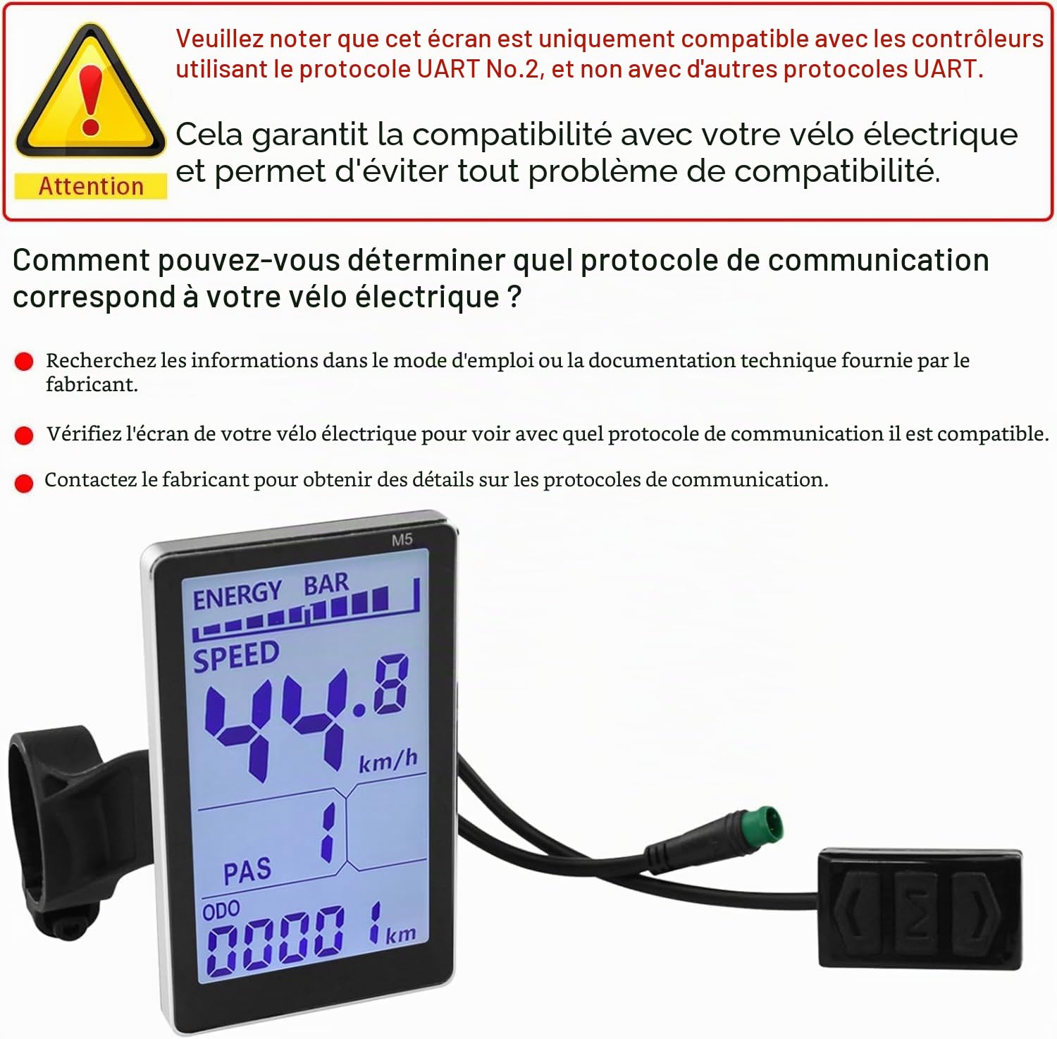 Écran LCD pour vélo électrique, scooter E 5 broches M5 avec connecteur étanche, écran de contrôle pour guidon de vélo électrique de 31,8 à 22,2 mm (protocole n° 2)