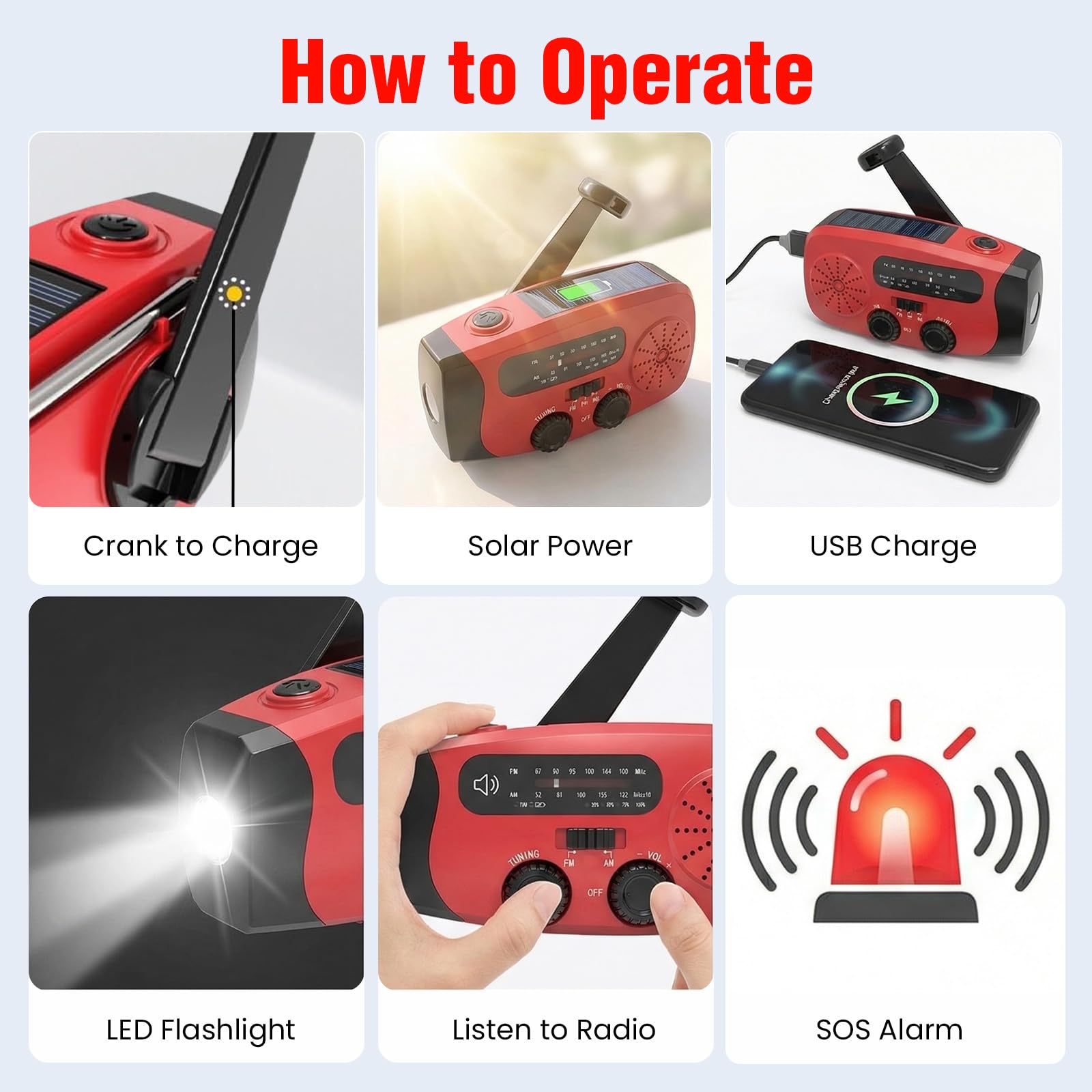 Kurbelradio mit Solar und LED Taschenlampe, 3-LED-Taschenlampe/AM/FM/Wetter/USB-Handyaufladung, Tragbar für Camping, Wandern & Notfallvorsorge