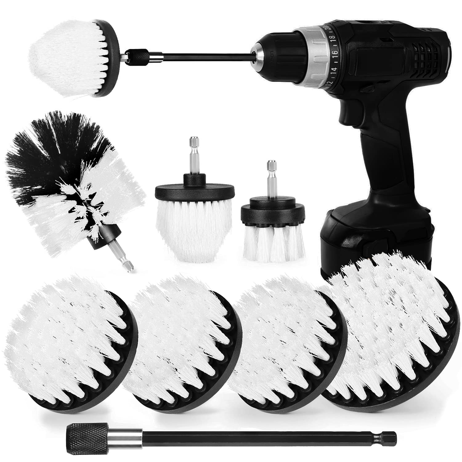 Drill Brush Attachment Set, 7 Pack 1/4in Power Scrubber Brush + Extend Long Attachment, Brush Drill Attachment, Power Cleaning Scrub Brush for Bathroom, Tub, Tile, Floor, Grout, Boat(White)