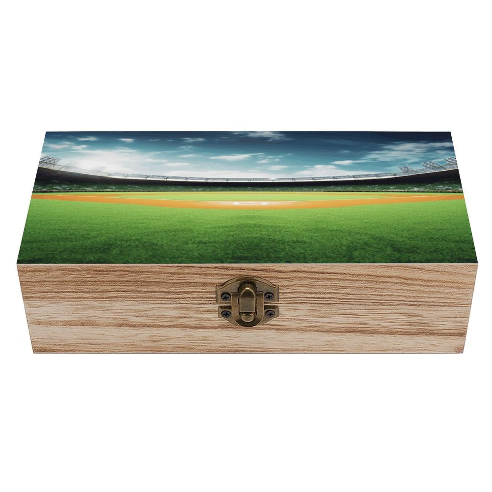 JTREHY Green Baseball Field Backdrop Wooden Keepsake Box Vintage-Style Wood Keepsake Case with Hinged Lid Solid Wood Boxes Beautifully Memory Treasure Case Vintage-Style Wooden Storage Box