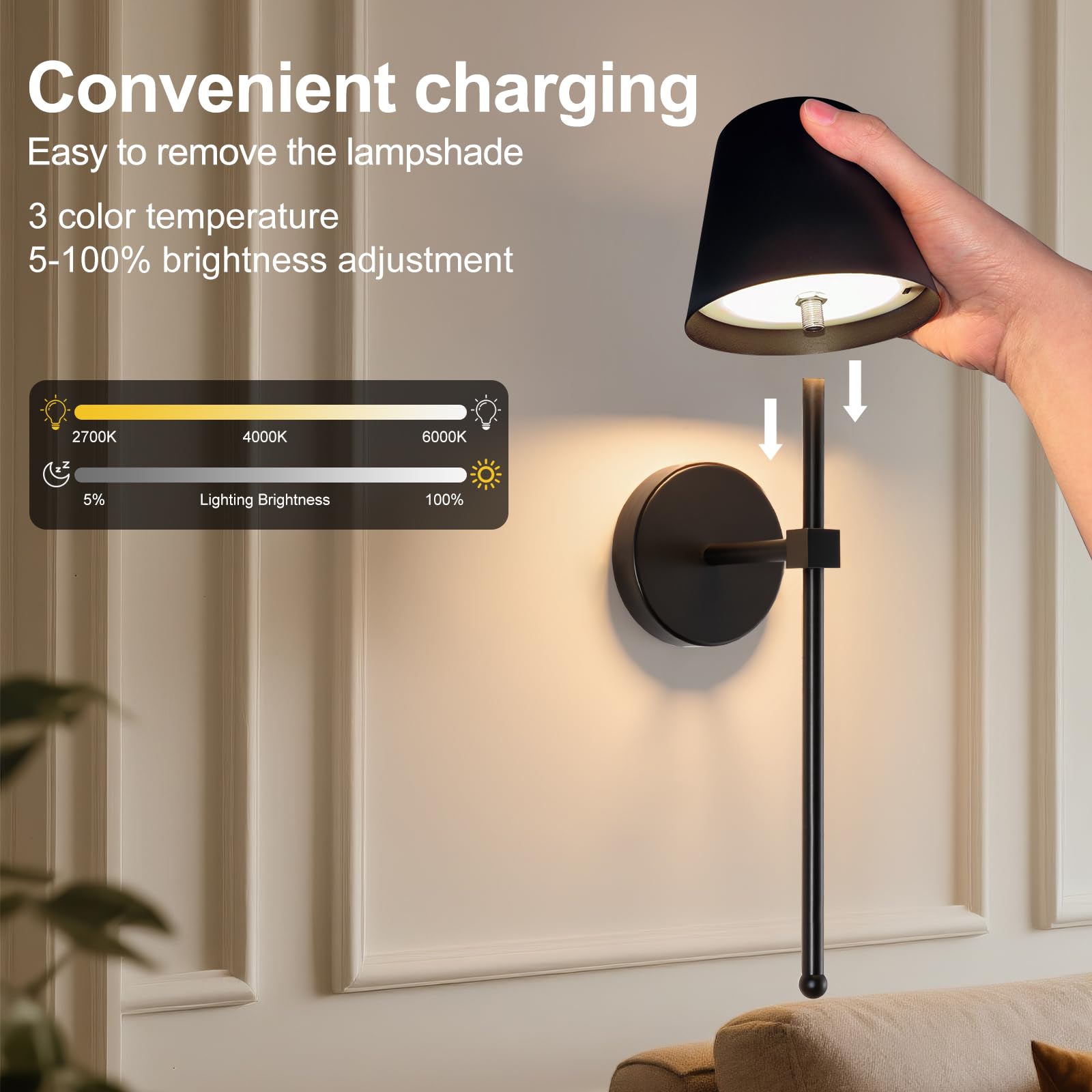 Luces de pared que funcionan con pilas, luces de pared recargables negras de 10000 mAh, paquete de 2 apliques de pared inalámbricos de metal vintage para sala de estar, dormitorios, garaje