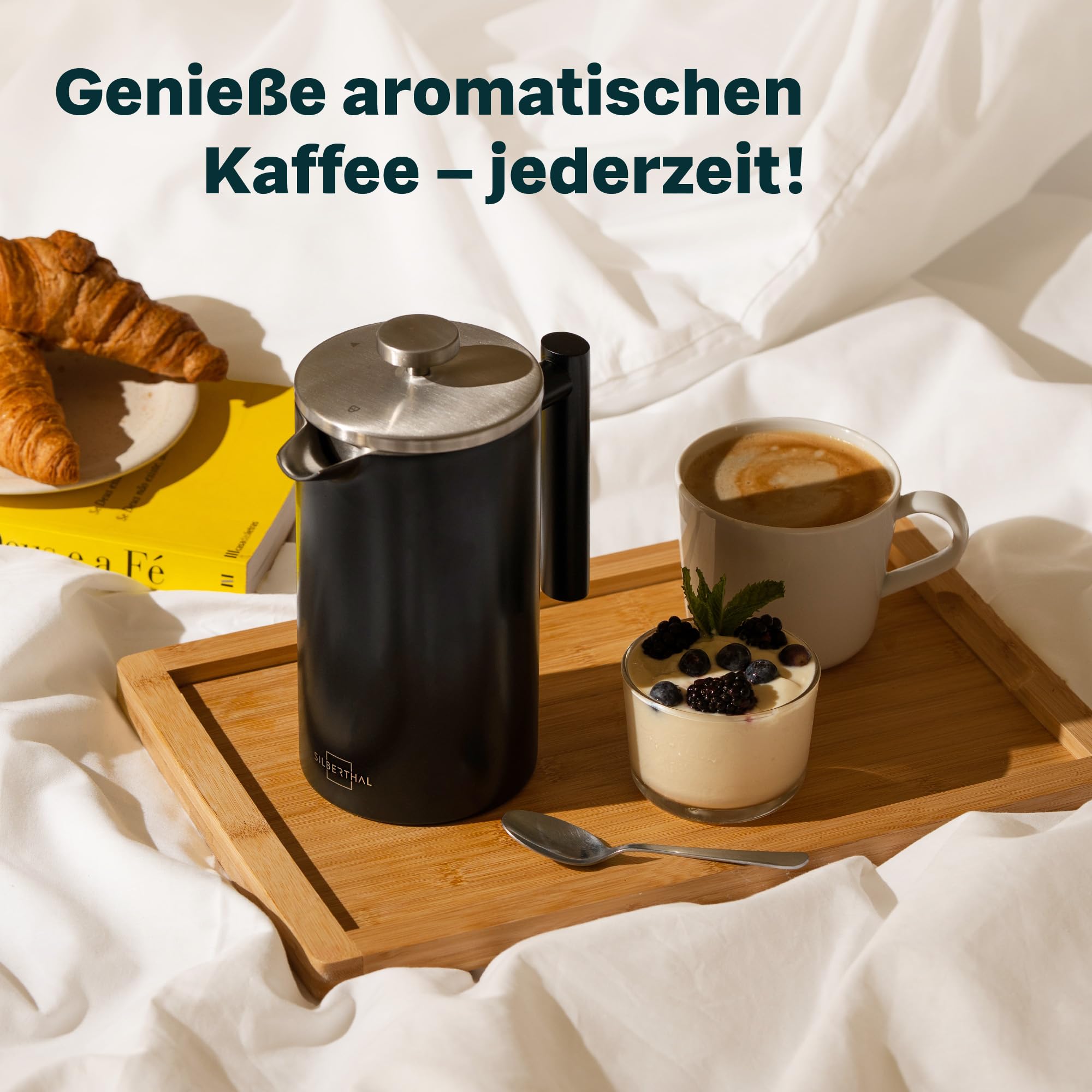 SILBERTHAL French Press Thermo 1 Liter - Kaffeebereiter Edelstahl - Doppelwandig isolierte Kaffeepresse für Outdoor - Kaffeekanne zum Verschenken