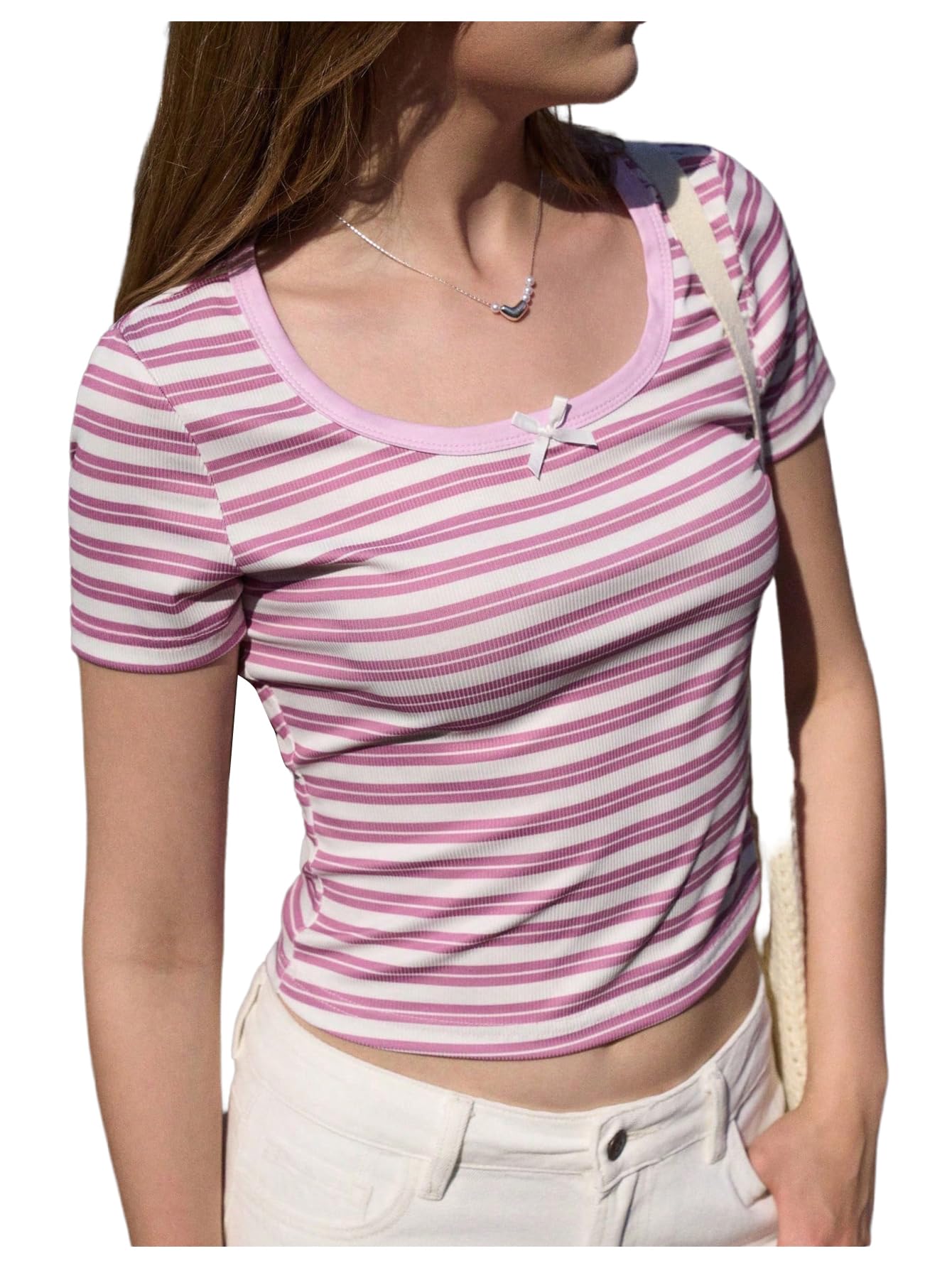 Verdusa Women's Coquette Striped Crop Tops Scoop Neck Short Sleeve Fitted Summer T Shirt