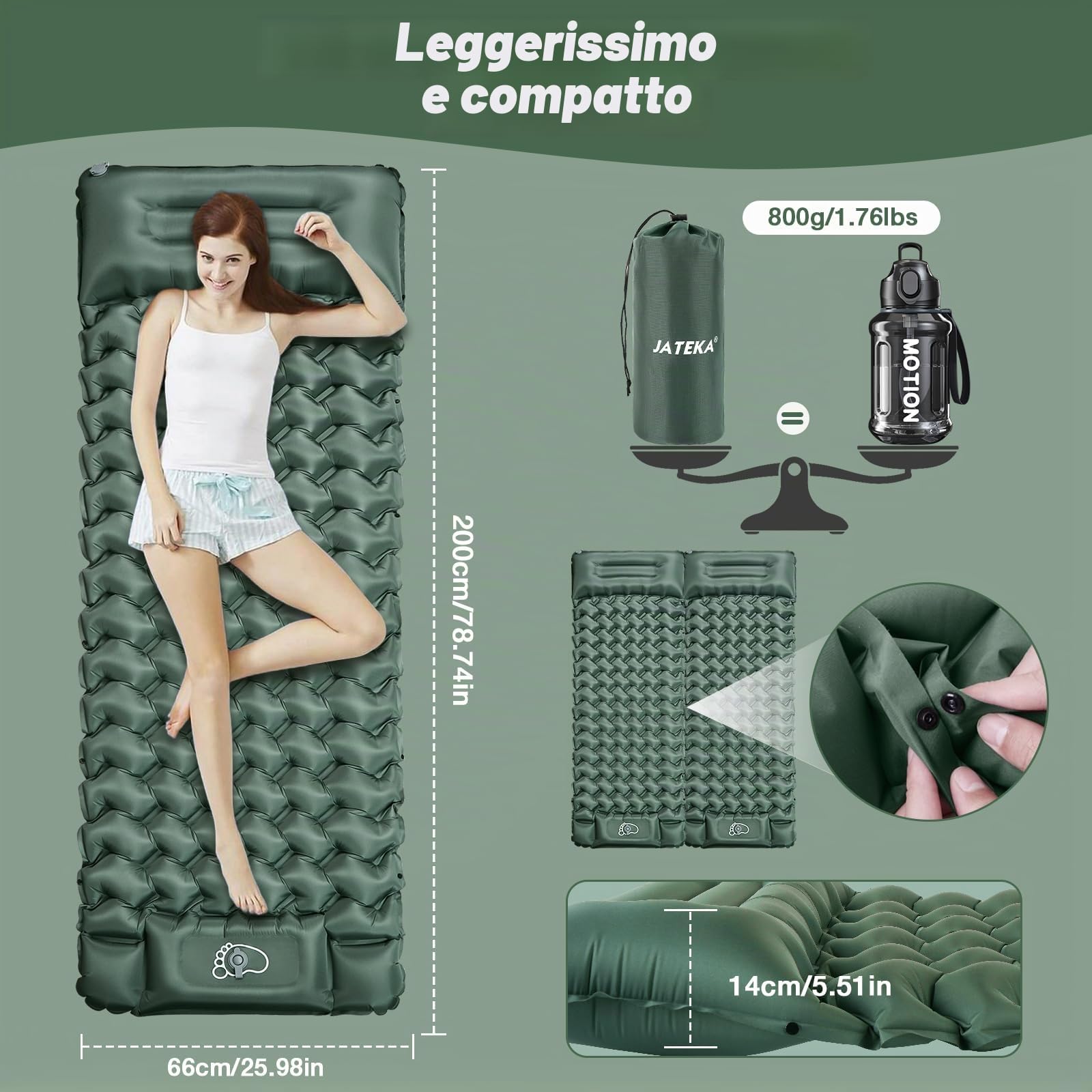 JATEKA Materassino Campeggio, Autogonfiabile Materasso Gonfiabile Singolo Con Pompa A Pedale, Materassino Gonfiabile Con Cuscino, Compatto E Leggero, Ideale Per Campeggio Trekking Viaggi Tenda