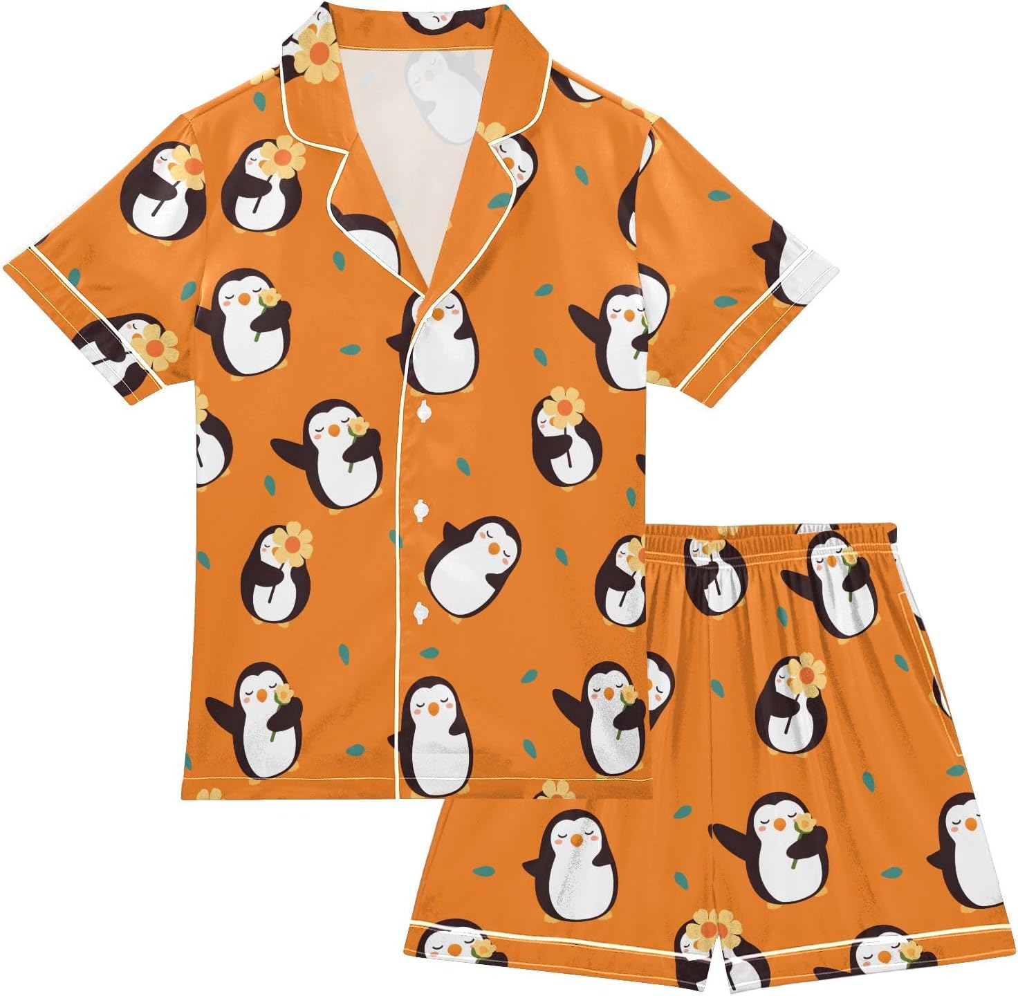 Kids Satin Wear Set Penguin Holding Flower Pattern Relaxed Fit Clothing Short Sleeve and Shorts
