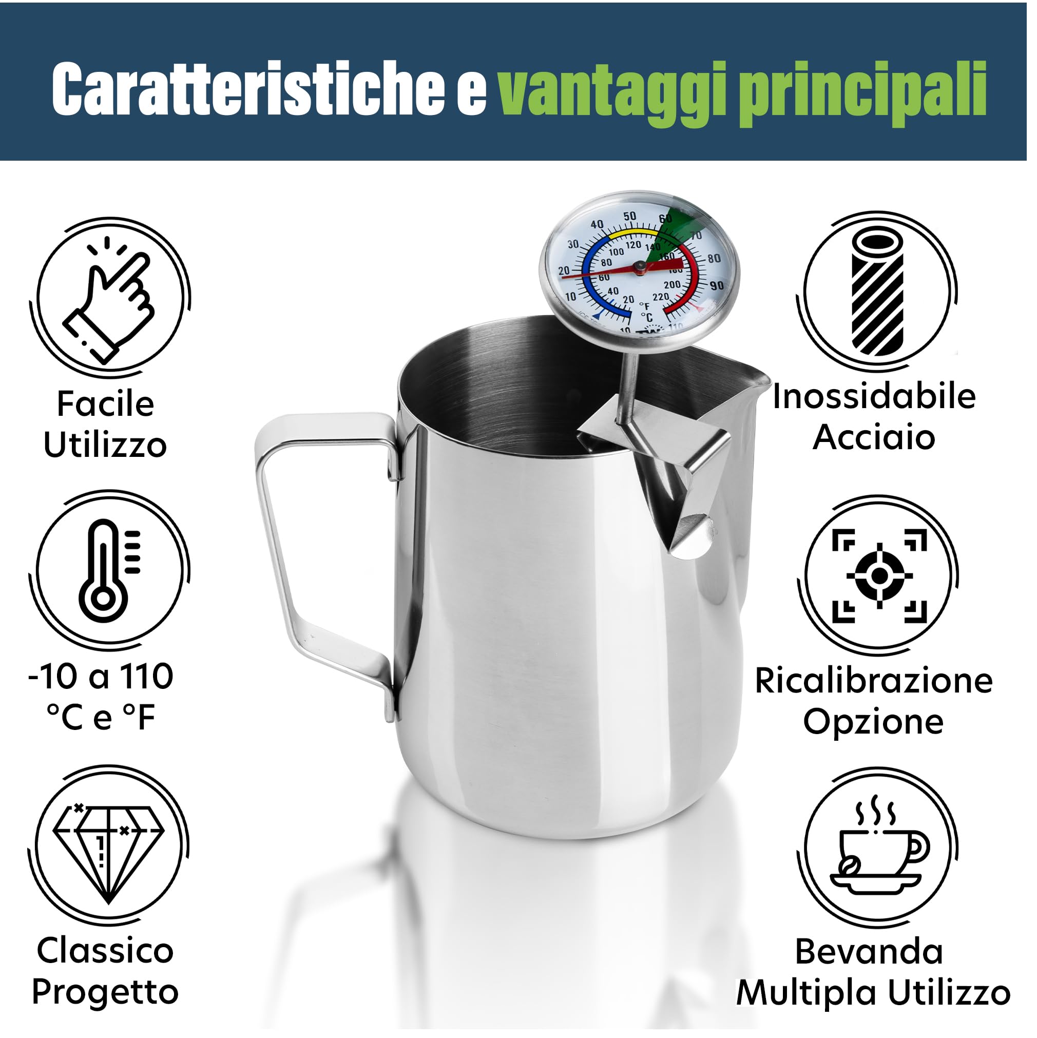 Termometro e bricco per il latte da 600 ml, per caffè perfetti come al bar, ottimo per realizzare caffellatte e cappuccini schiumosi