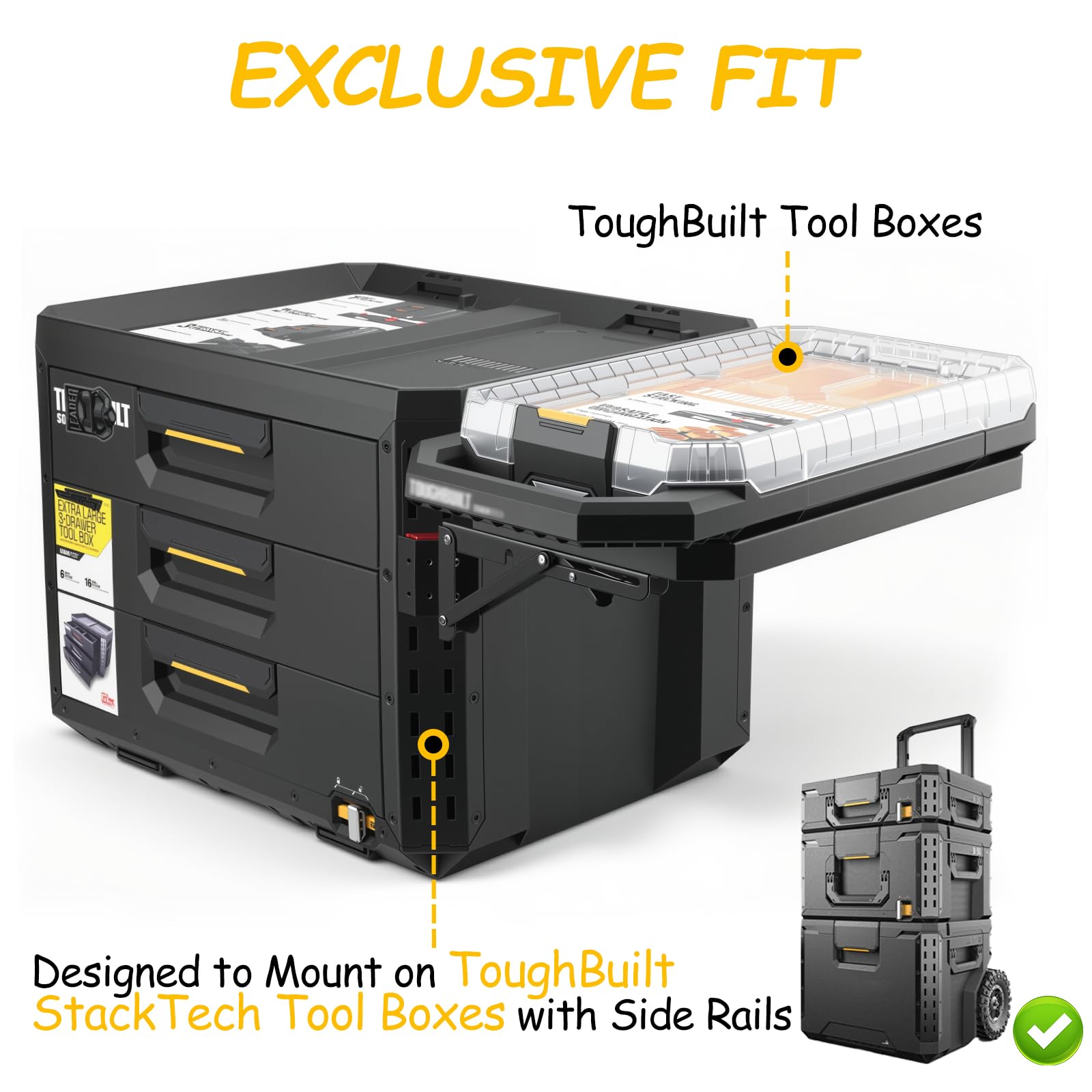 Klappbare Montageplatte kompatibel mit ToughBuilt StackTech Compact Werkzeugkoffer & Werkzeugtasche – Seiten-Rail Halterung, bohrfreie Erweiterungsplatte für modulare Werkzeug-Organizer