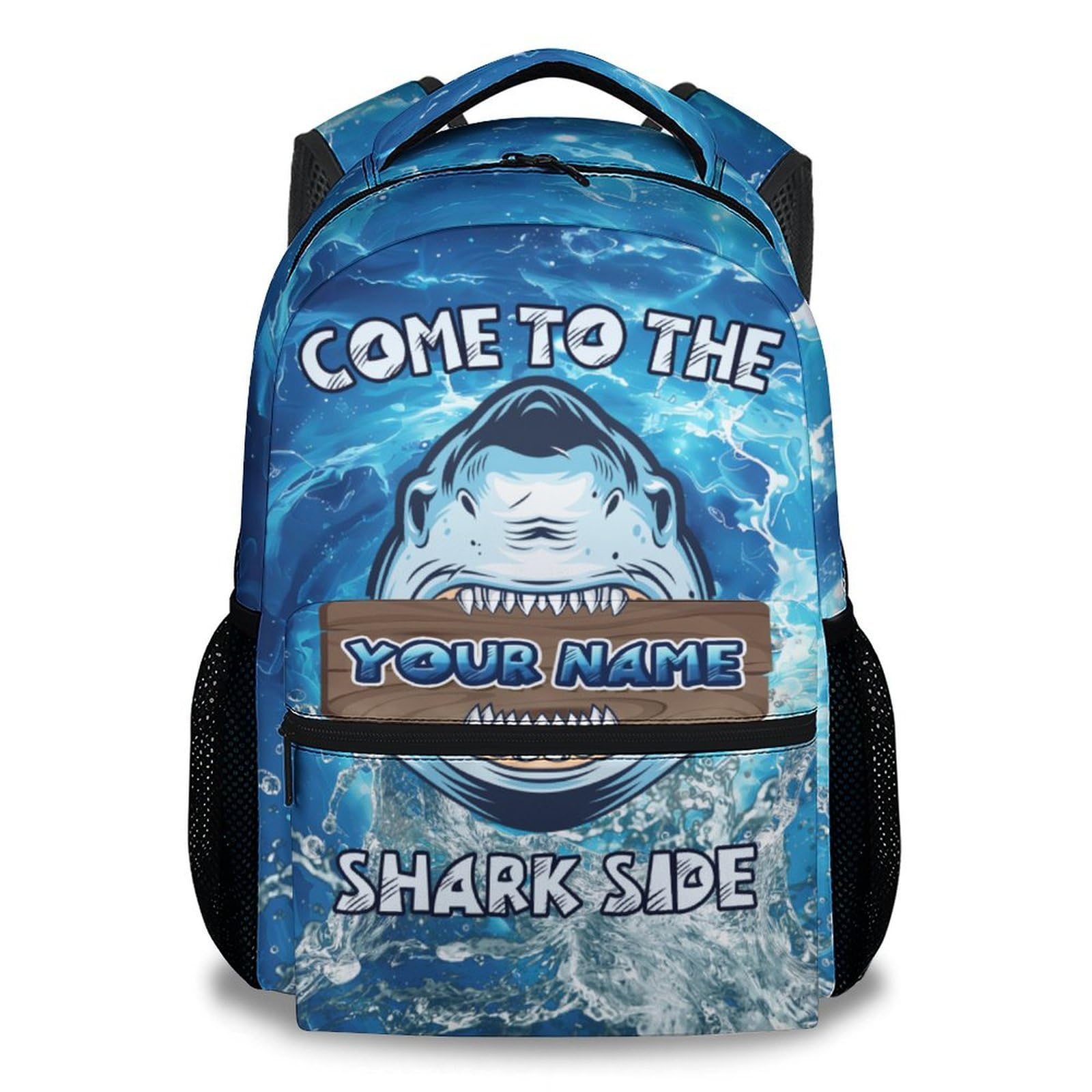 PUREGIFTS Custom Shark Backpacks for Kids Boys, 17 Inch Cute Backpack for Middle School, Blue Lightweight Durable Bookbag for Teens