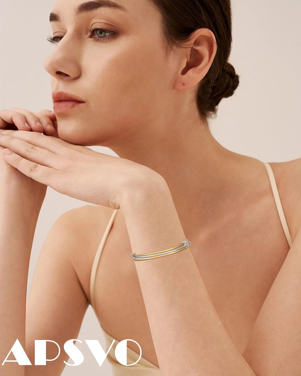 Apsvo Bangles Bracelets for Women, 14k Gold Plated and Silver Bracelet Handmade Triple Layer Stacking Gold Bangle Jewelry Gifts for Women - Image 5